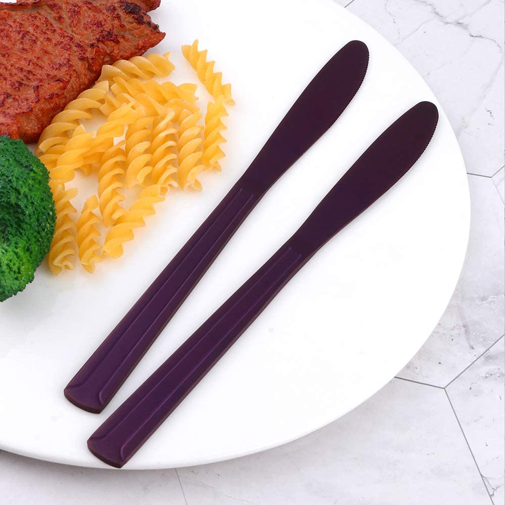 Premium Stainless Steel Dinner Knives Set of 12 - Elegant Purple Flatware with Line Design, Titanium-Coated Steak Knives for Home, Restaurant & Catering | Perfect for Daily Use, Wedding Cutlery & Fine Dining Tableware