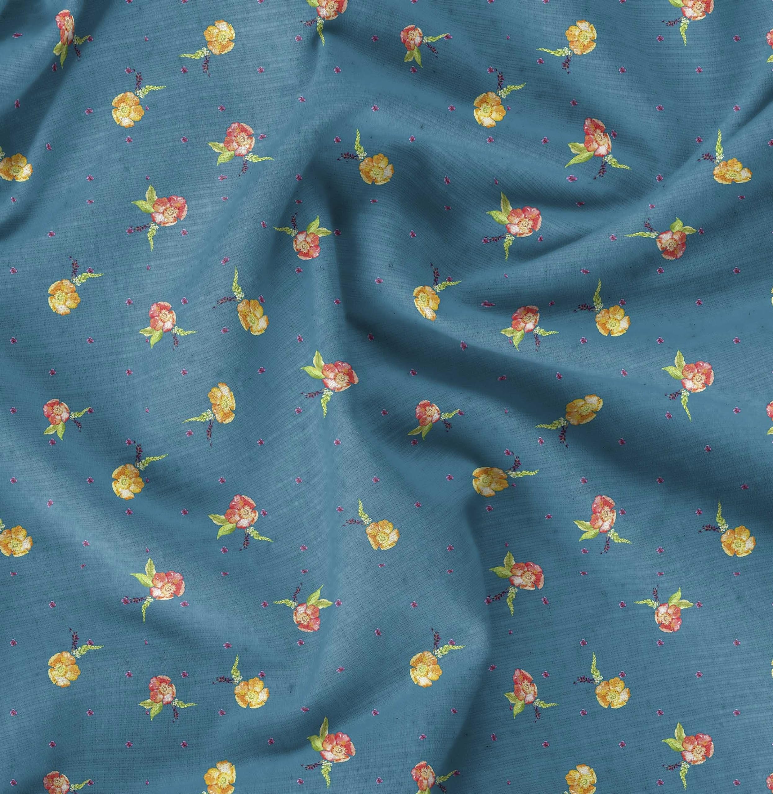 Soimoi Moss Georgette Blue Floral Fabric by The Yard - 42 Inch Wide Clarkia Rubicunda Printed Textile for Trendy Apparel - Perfect for Dresses, Blouses, Scarves & DIY Fashion Projects