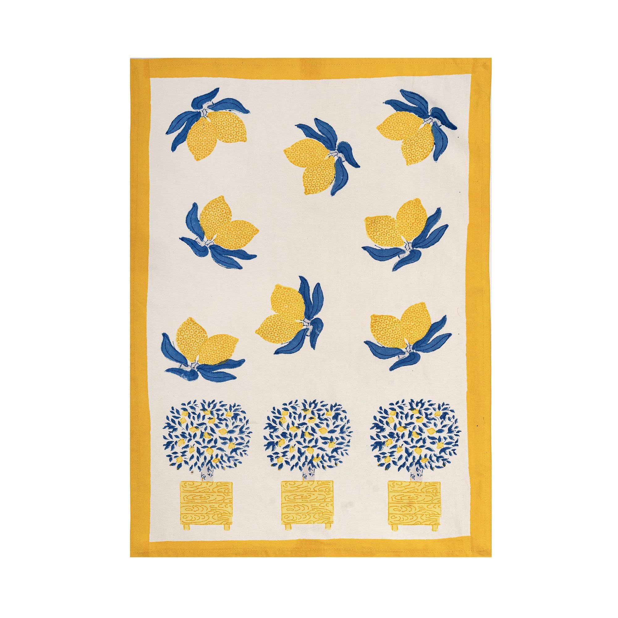Organic Lemon Tree Tea Towels Set of 3 - 20x30 Inch Blue & Yellow Cotton Kitchen Towels for Drying Dishes, Decor & Gift Giving