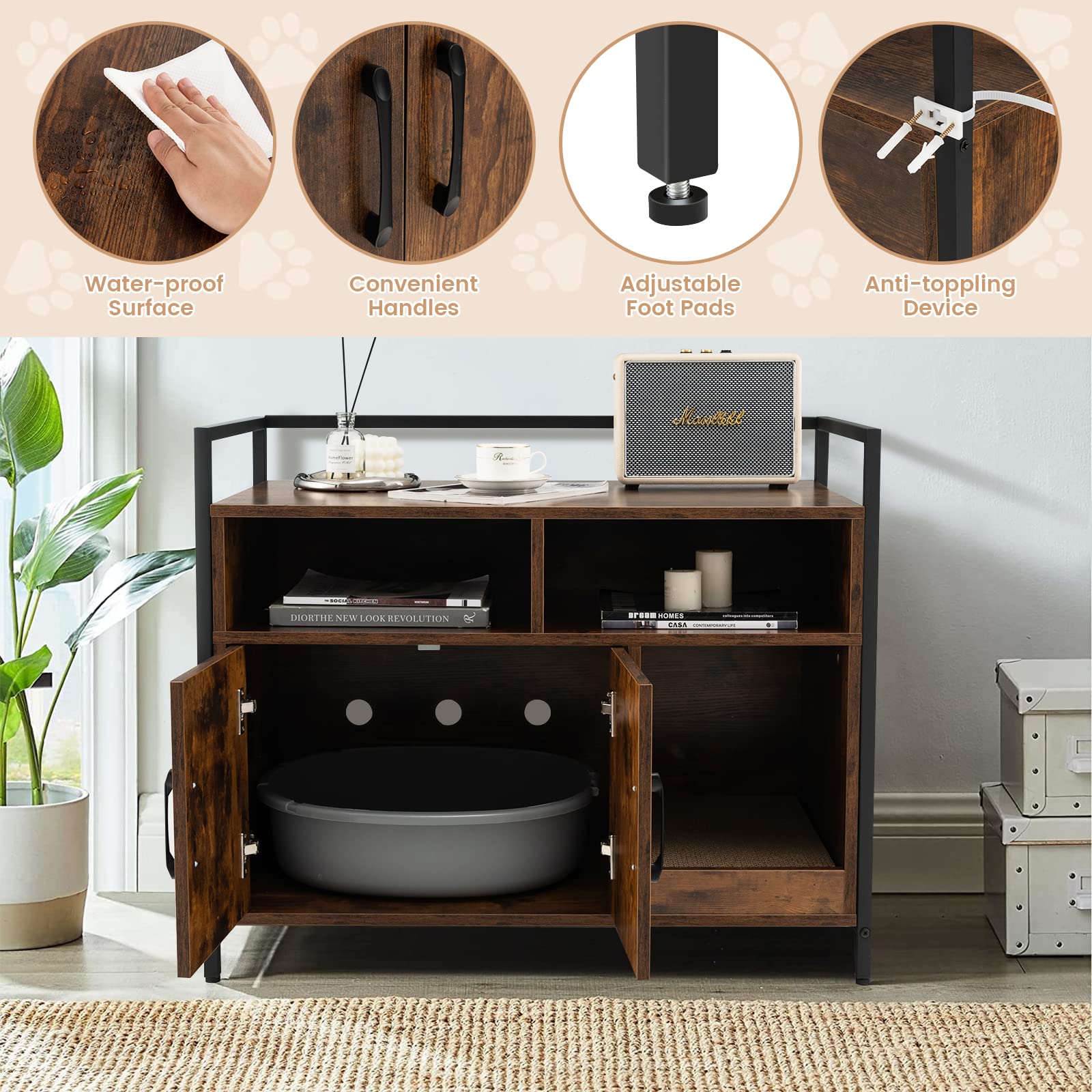 Giantex Cat Litter Box Enclosure Furniture - Hidden Washroom with Front Entry, Cat Scratcher & 2-Door Storage Cabinet | 2 Compartments, Air Vents, Metal Frame & Wooden Pet House (Rustic Brown) | Perfect for Small Spaces & Multi-Cat Homes