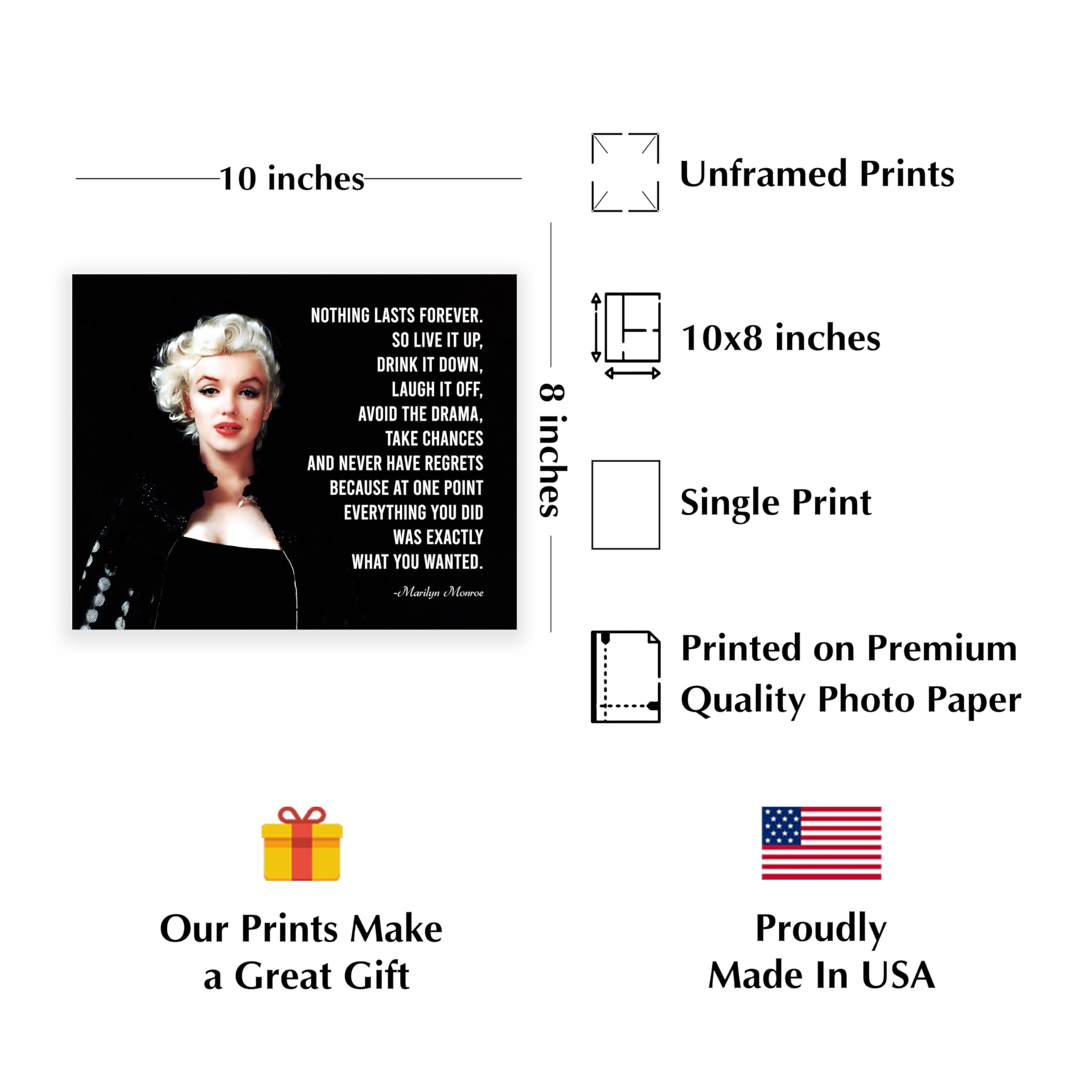 Nothing Lasts Forever - Marilyn Monroe Inspirational Quote Wall Art Print 10x8