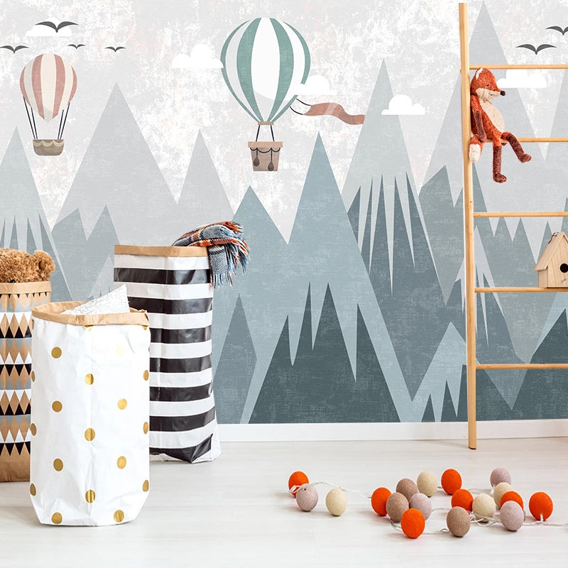 Air Balloons Flying Over Mountain Peaks Nursery Wallpaper - Scenic Kids Room Decor for Baby Boy & Girl Bedroom, Playroom - Perfect for Nursery, Children's Bedroom & Play Area Wall Decoration