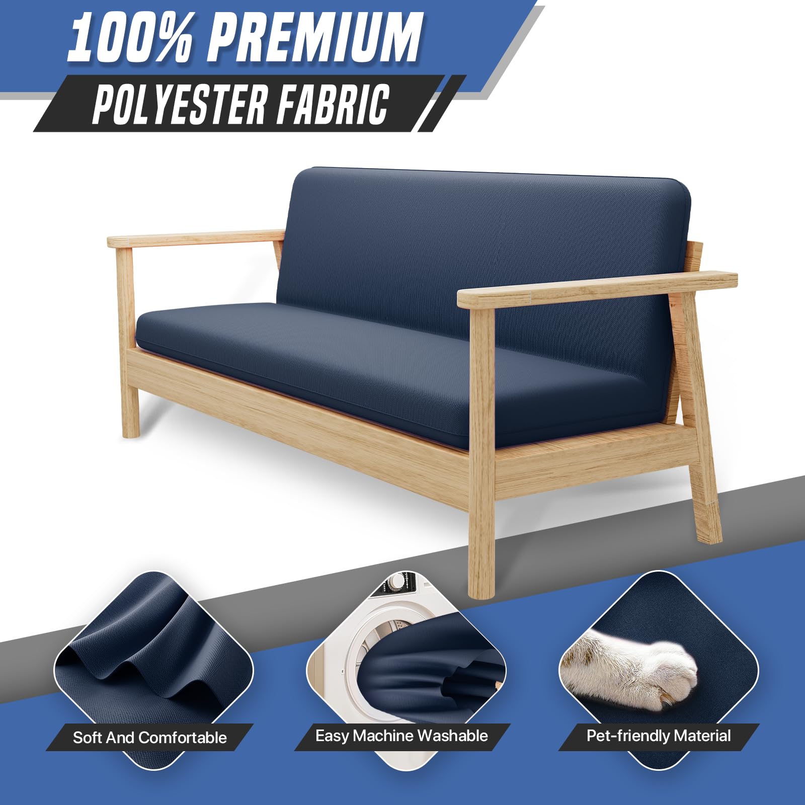 Stretchable Full Size Futon Cover - Armless Sofa Slipcover with Zipper, Machine Washable Furniture Protector for Kids & Pets (Navy Blue) - Perfect for Living Rooms, Dorm Rooms & Guest Bedrooms