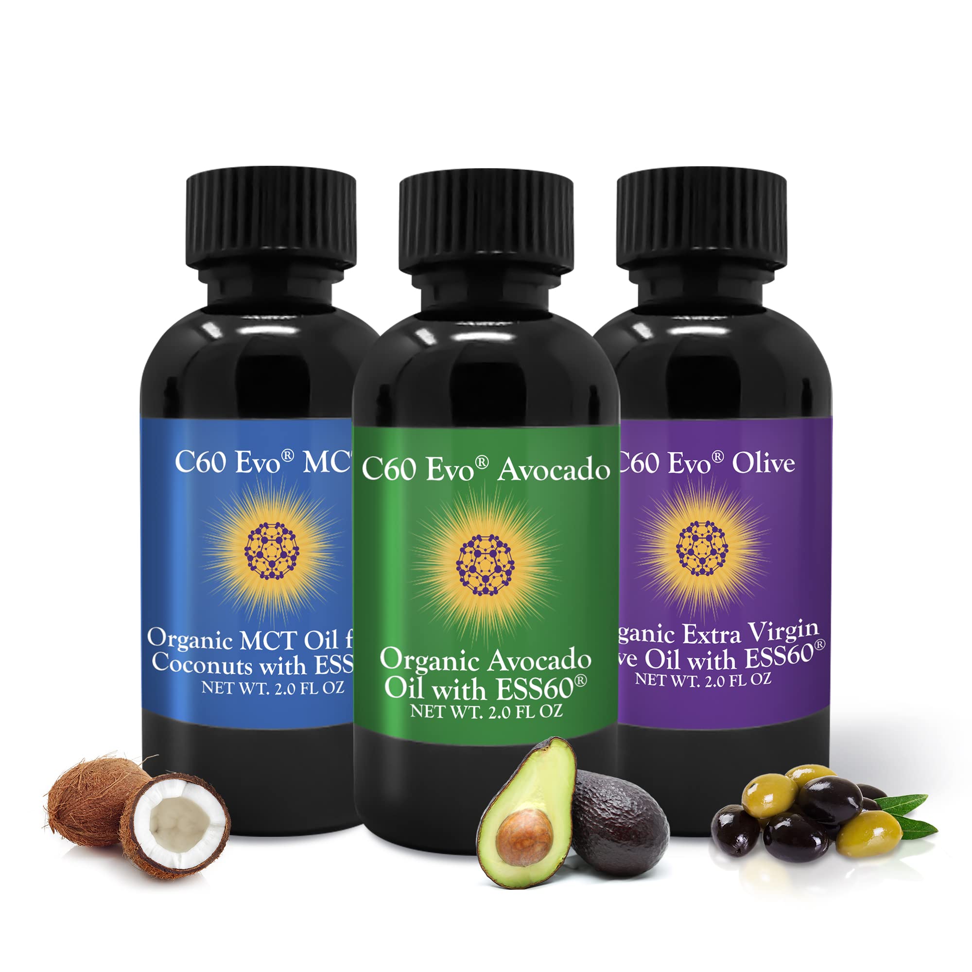 Premium C60 Evo All-Natural Edible Oil Sampler Set - Pure C60 ESS60 for Immune & Joint Support (Olive Oil, Avocado Oil & MCT Coconut Oil) - 3 Bottles, 2 oz Each - Perfect for Daily Wellness, Cooking & Natural Supplementation