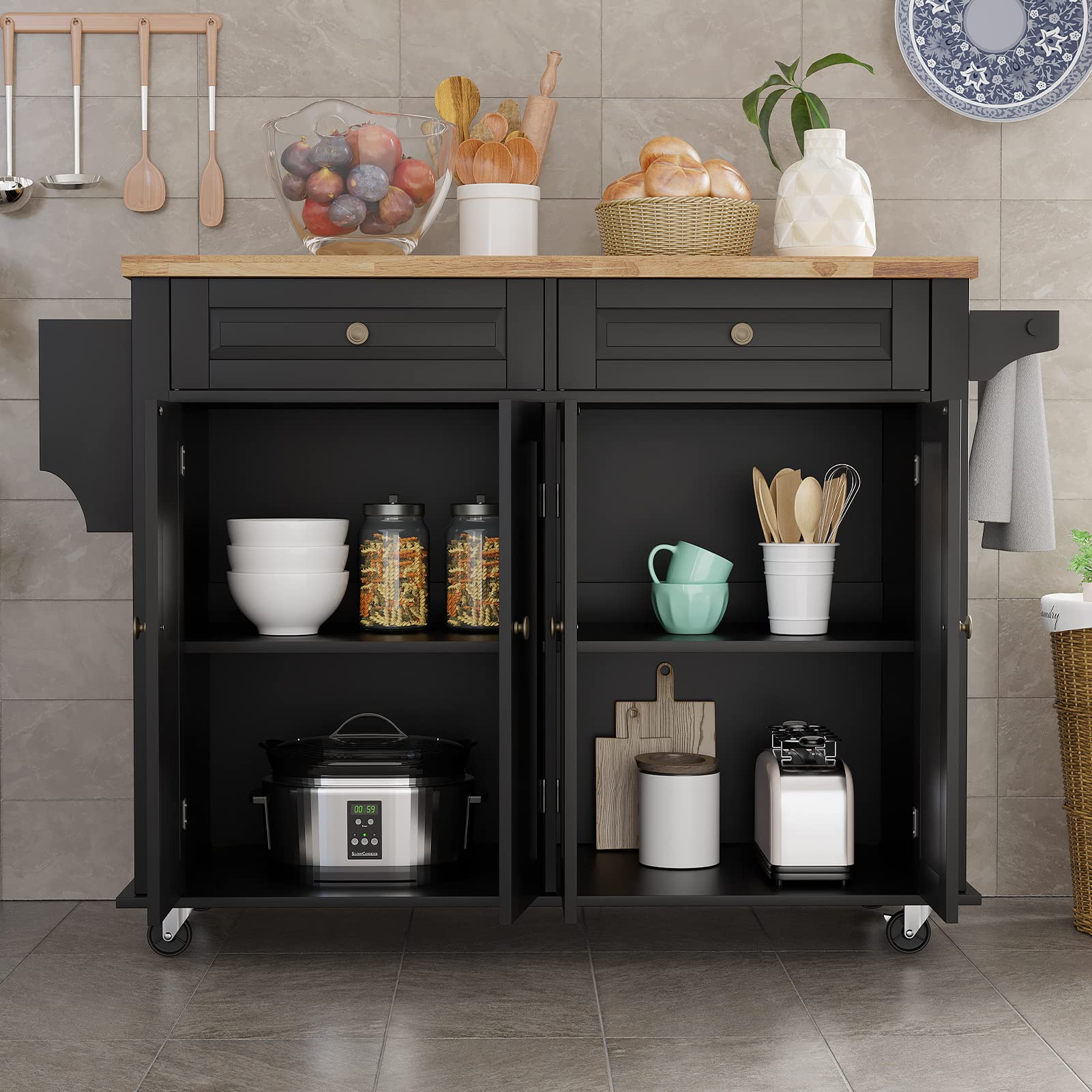 Rolling Kitchen Island with Drop Leaf - Mobile Kitchen Cart on Wheels with Storage Cabinet, Rubber Wood Top, Rack & Drawer - Matte Black for Small Spaces, Apartments & Home Cooking