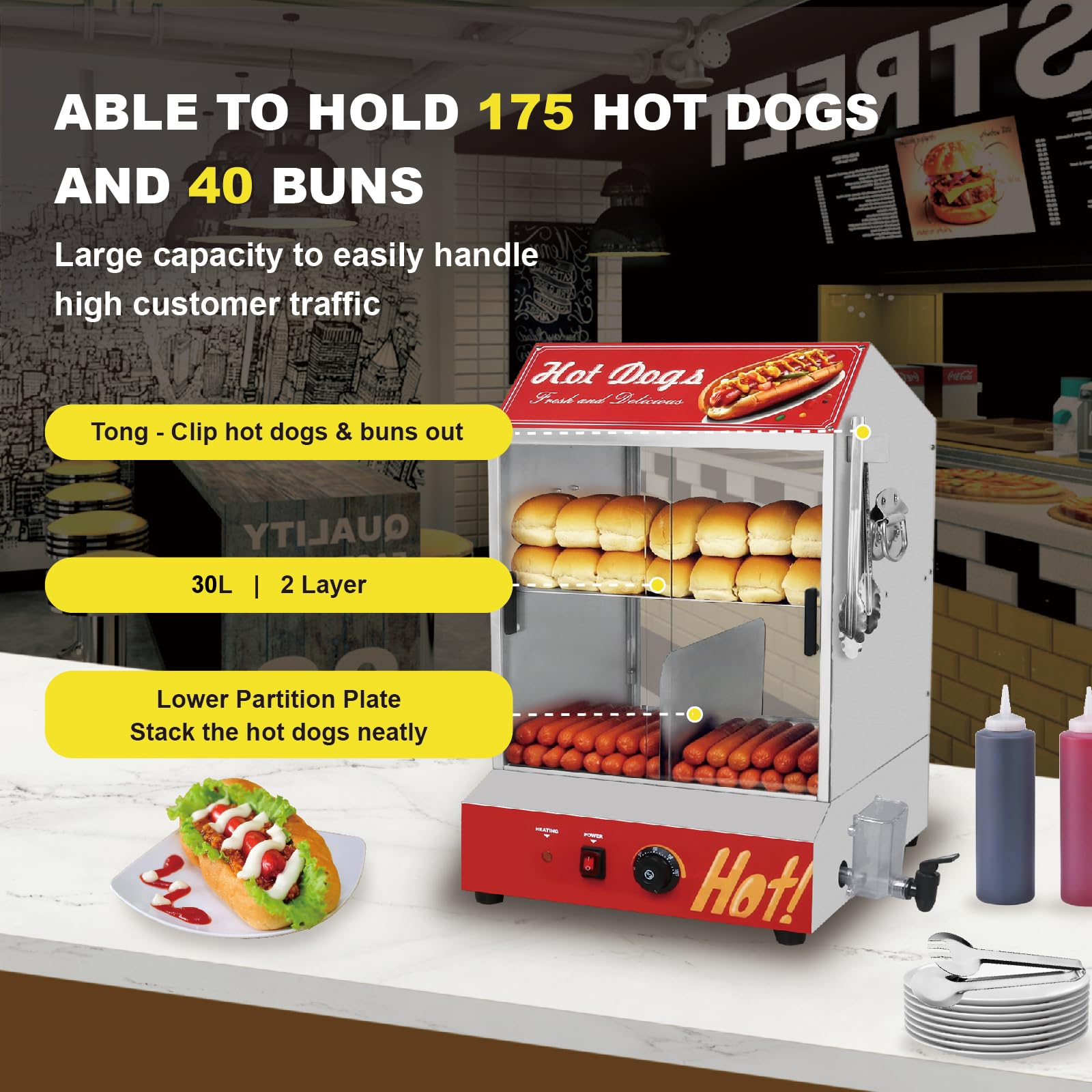 Commercial Electric Hot Dog Steamer Machine - 31.7QT/30L Capacity, 2-Tier Bun Warmer with Adjustable Temperature Control, Glass Sliding Door - Holds 175 Hot Dogs & 40 Buns - Perfect for Hot Dog Stands, Food Trucks, Restaurants & Catering Events
