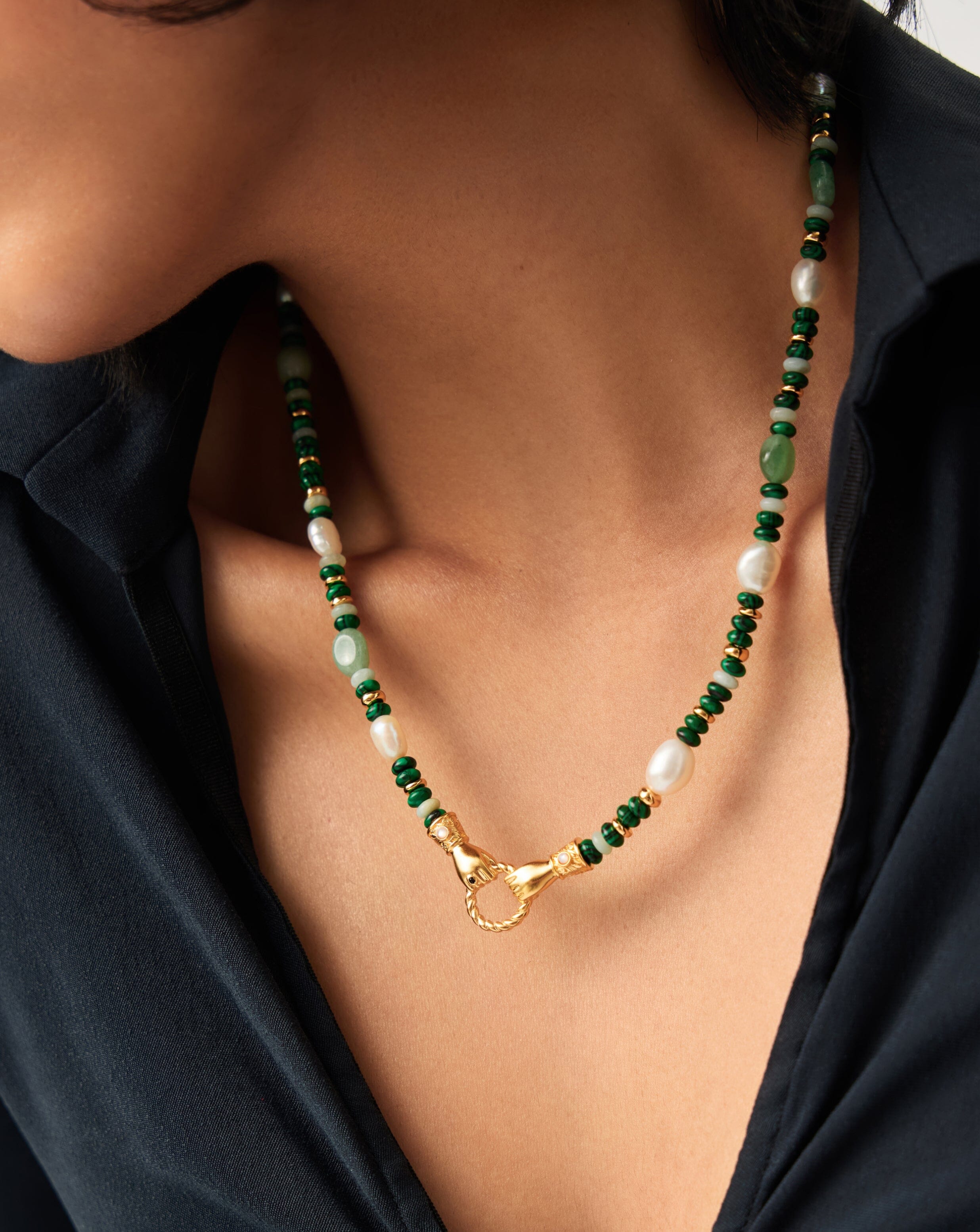 Harris Reed In Good Hands Beaded Gemstone Necklace - 18k Gold Plated Multi Green Gemstone & Pearl Statement Jewelry for Women | Perfect for Weddings, Parties & Special Occasions
