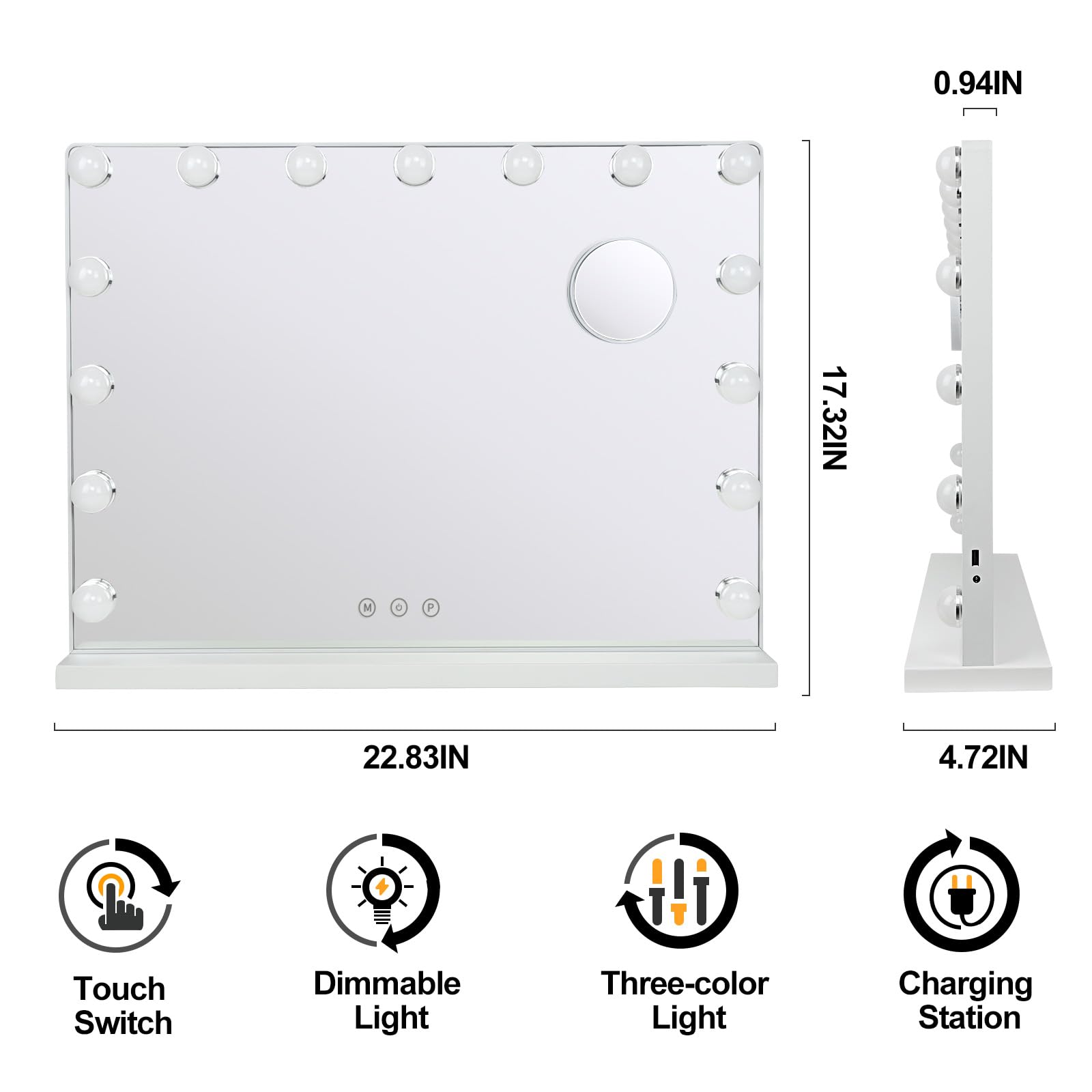 Hollywood Vanity Mirror with Lights - 23 Inch Large LED Makeup Mirror with Smart Touch Control, 15 Dimmable USB-Powered Lights for Dressing Room, Bedroom, Bathroom & Tabletop - White (Perfect for Makeup Application, Skincare Routine & Hairstyling)