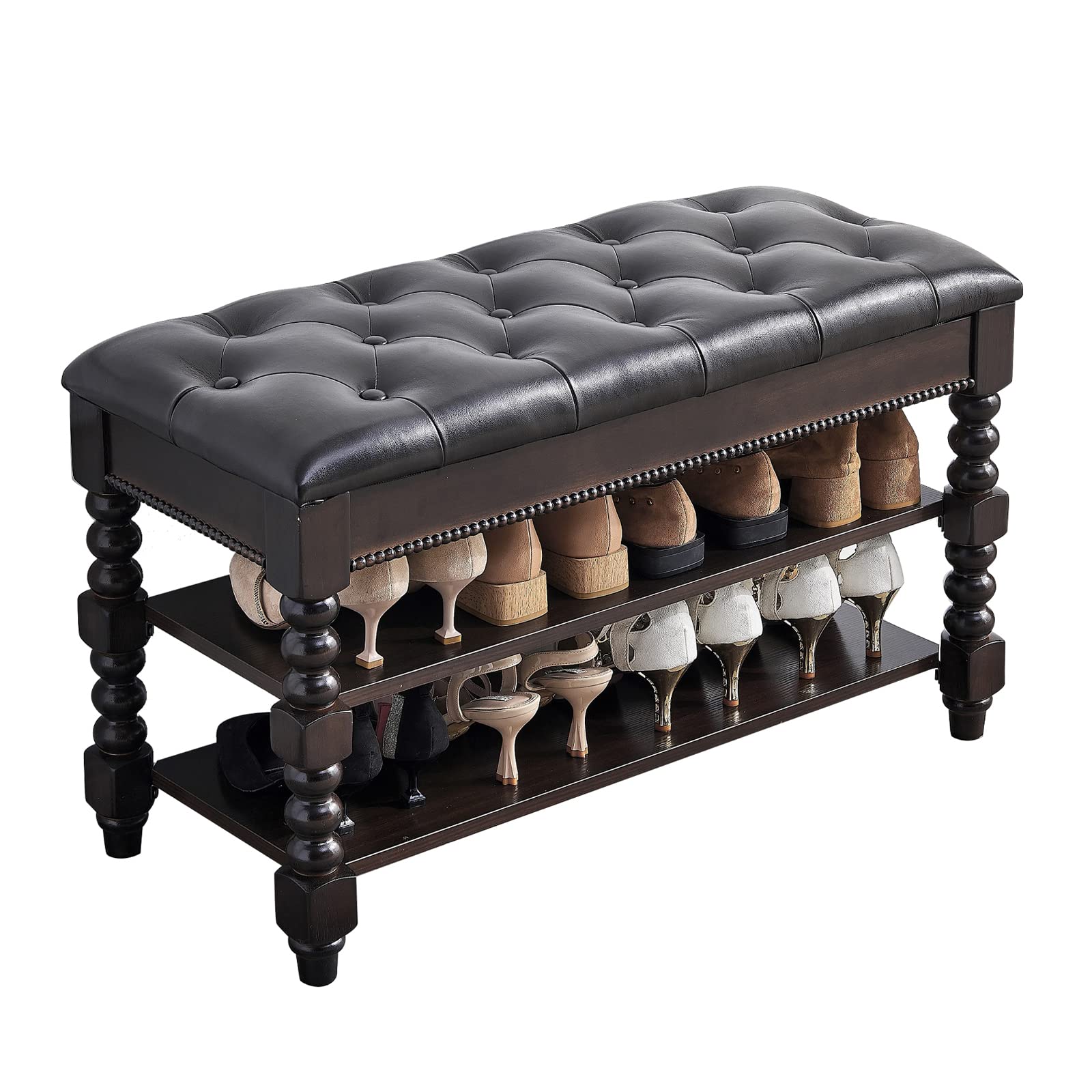 Wooden Shoe Storage Bench with Leather Seat - 2-Tier Lift-top Entryway Organizer for Shoes (31.5