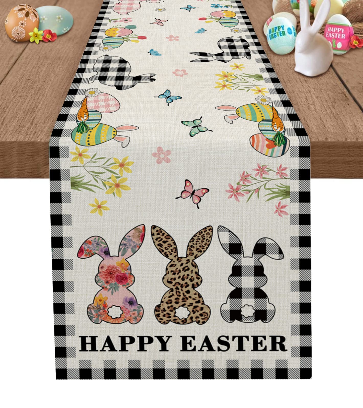 Easter Bunny Black and White Table Runner 13x70 Inches - Holiday Dining Room Decor for Kitchen, Living Room, Party & Spring Celebration Table Setting