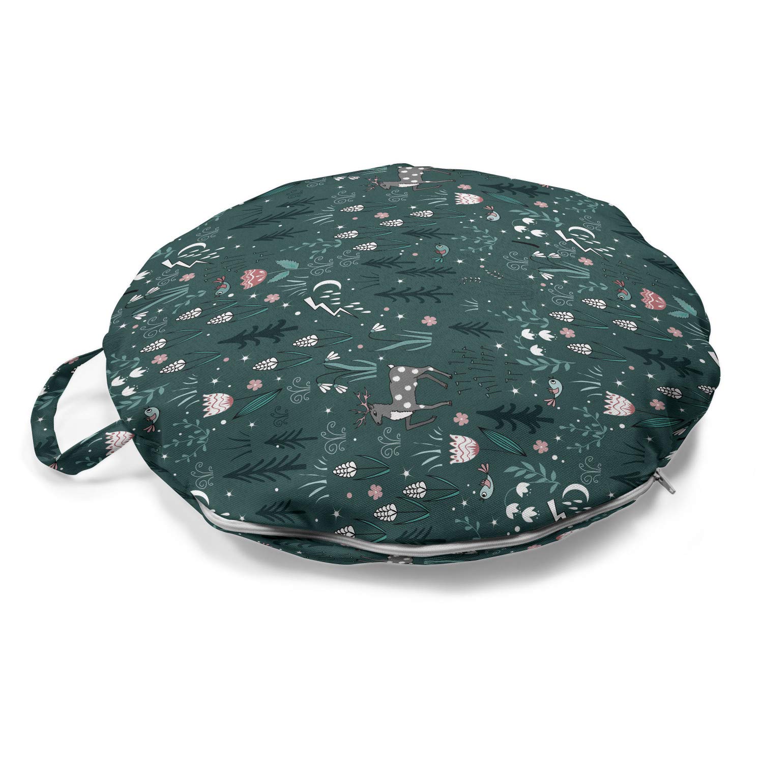 Ambesonne Botanical Round Floor Cushion with Handle - Winter Tulips Reindeer Birds Pine Trees Design - 18 Inch Decorative Pillow for Living Room, Dorm, Bedroom & Nursery - Grey Teal Multicolor - Perfect for Cozy Seating, Home Decor & Gift Ideas