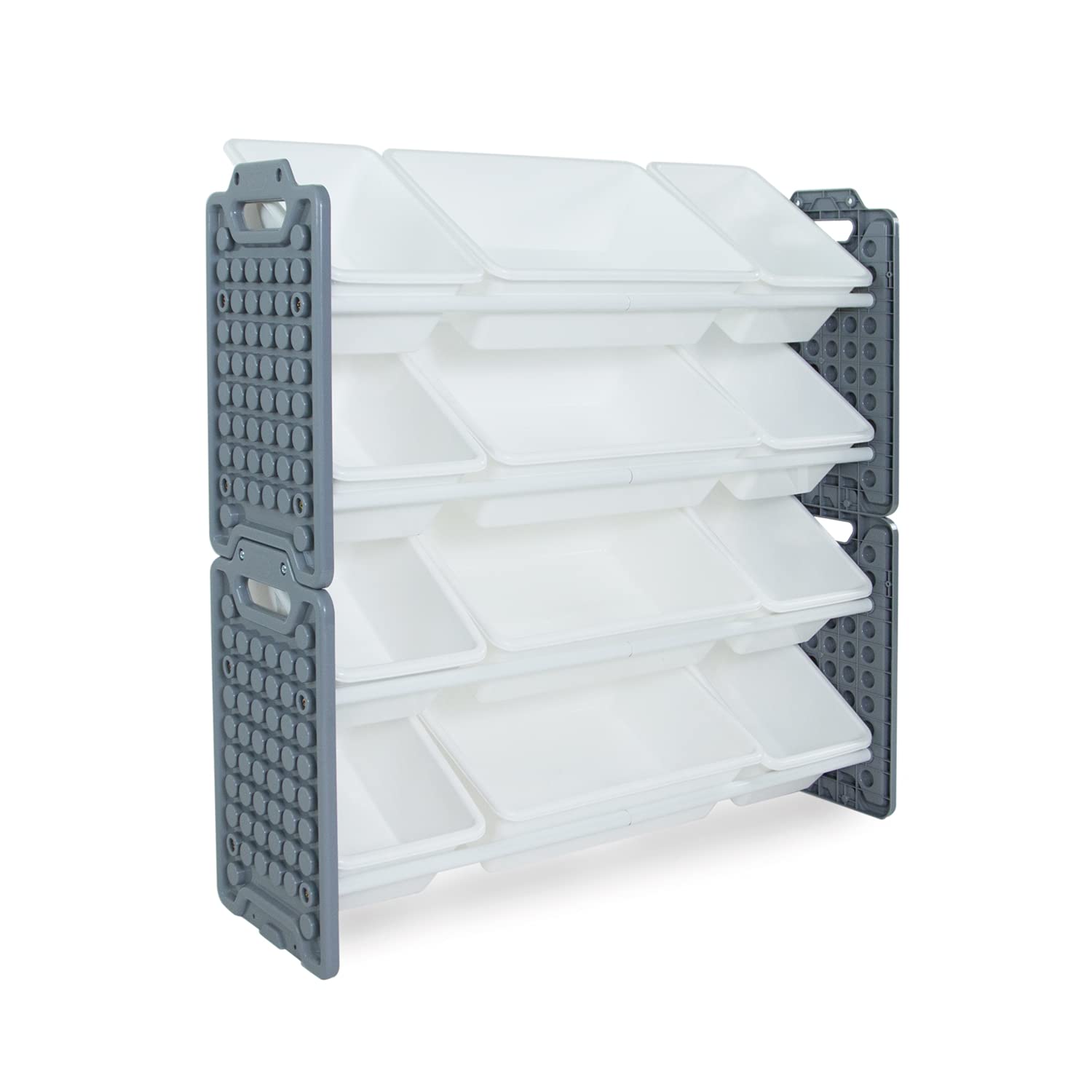 UNiPLAY 12-Bin Toy Organizer with Removable Storage Bins - Kids Bookshelf & Playroom Organizer for LEGO Blocks, School Supplies, Toys - Sturdy Baseplate Frame (Gray) - Perfect for Playrooms, Classrooms & Home Organization