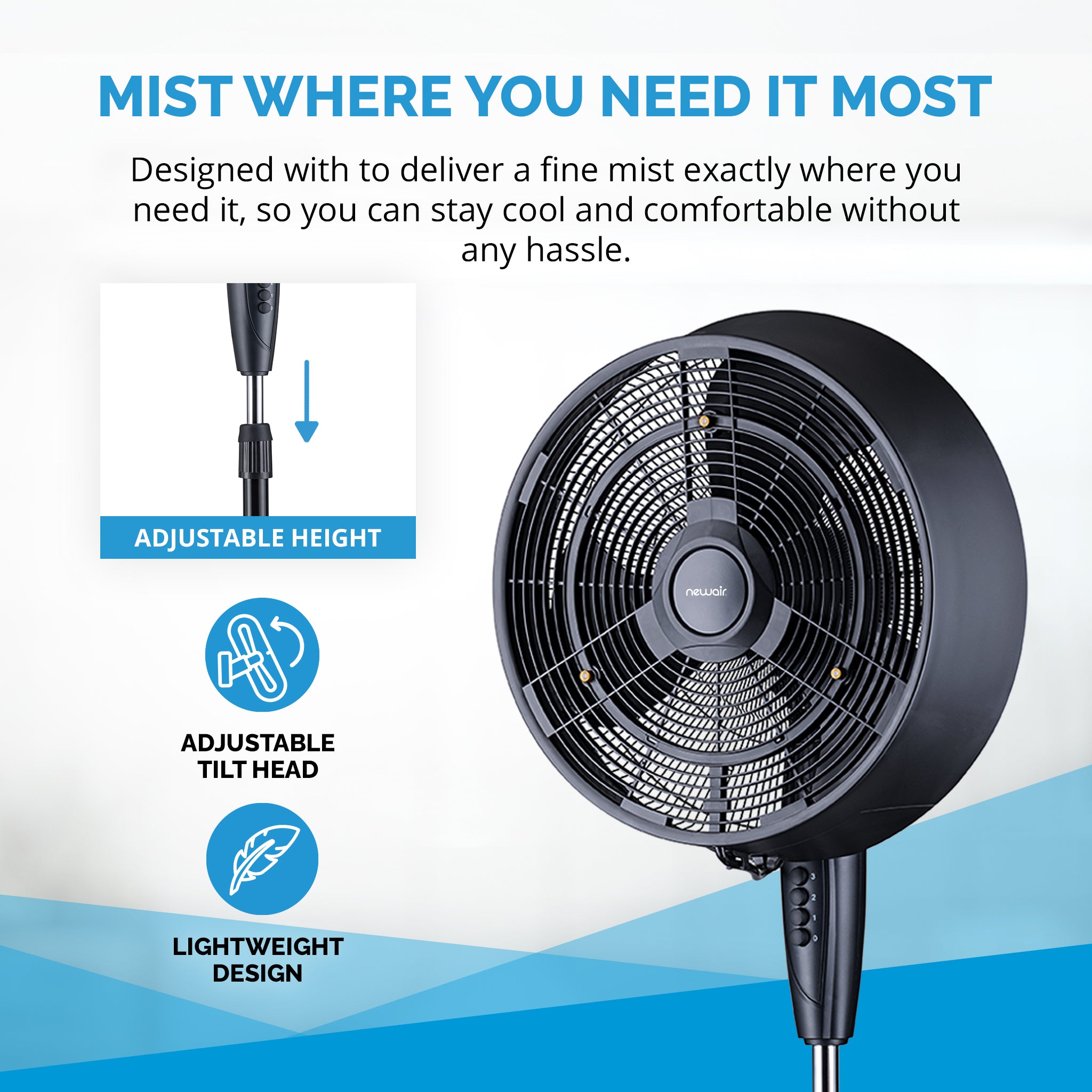 Newair® 1600 CFM High-Velocity Outdoor Misting Pedestal Fan - Powerful Cooling for Patio, Poolside & Backyard Gatherings