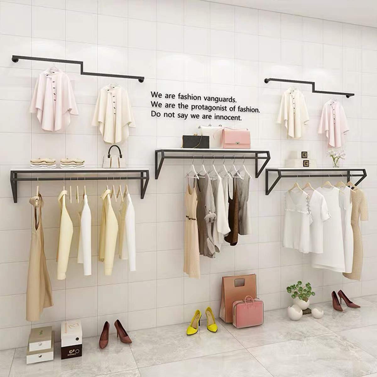 Modern Heavy Duty Metal Garment Rack with Wood - Wall Mounted Clothes Rail for Men's & Women's Clothing Store, Bathroom Towel Hanger - Black Square Tube (B-59 L) - Perfect for Retail Displays, Home Organization & Space-Saving Storage