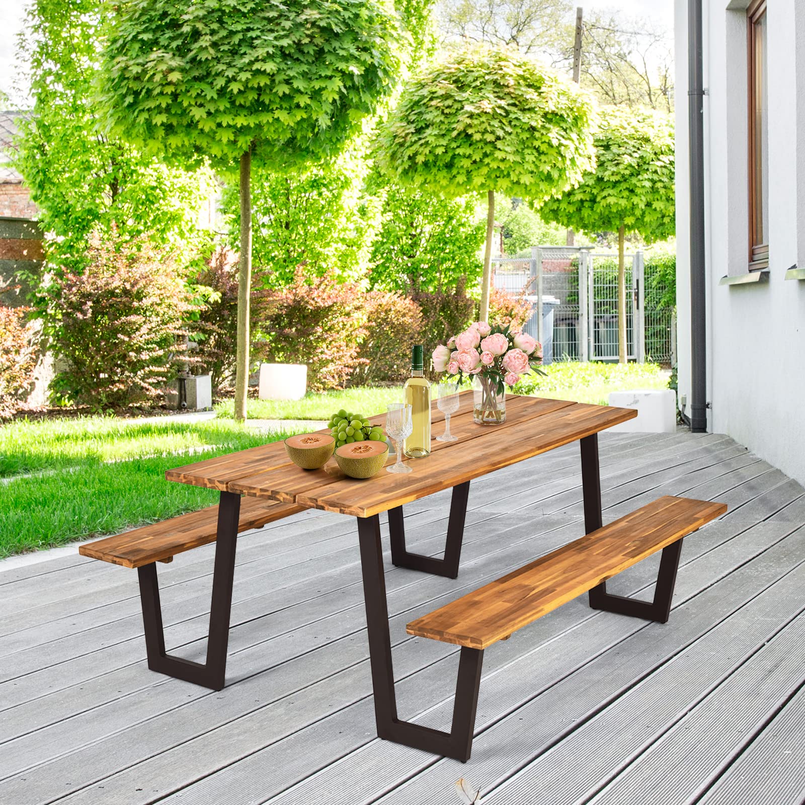 HAPPYGRILL 7-Piece Outdoor Picnic Table Set with Wooden Top & Rust-Resistant Steel Frame, Patio Dining Bench Set with Umbrella Hole for Garden Backyard BBQ Party, Camping and Outdoor Entertaining