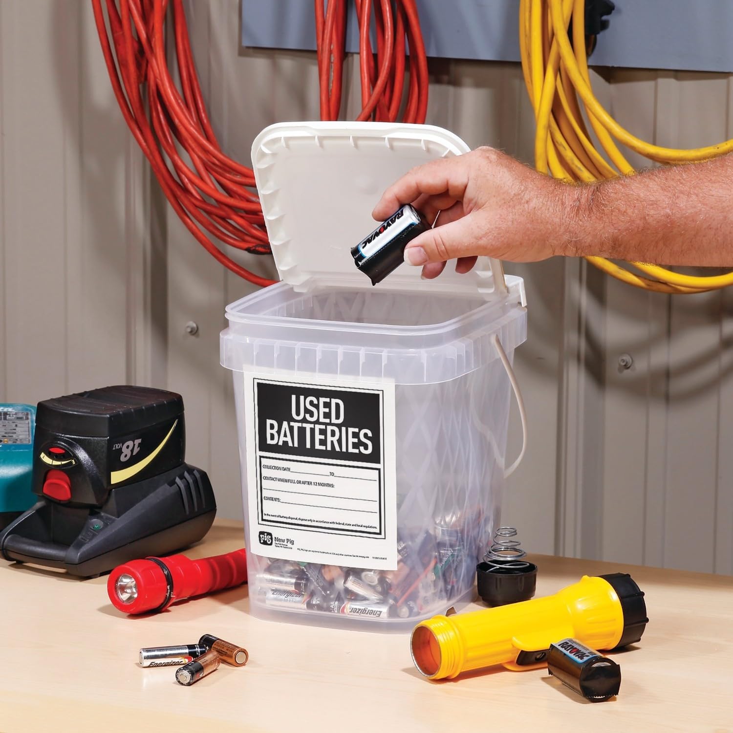 PIG Battery Disposal Container for AA AAA C D 9V Batteries - 2 Gallon Capacity Used Dry-Cell Battery Storage Bin - Safe Battery Recycling Box for Home Office School (PMB30595) - Perfect for Household Hazardous Waste Management