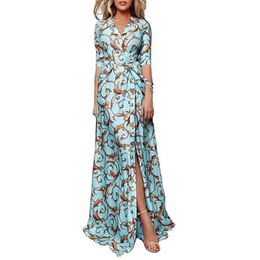 WALNUTA Women's Maxi Dress with V-Neck & 3/4 Sleeves - Floral Print Wrap Dress with Waist Tie & Side Slit for Beach Vacation, Party & Formal Occasions