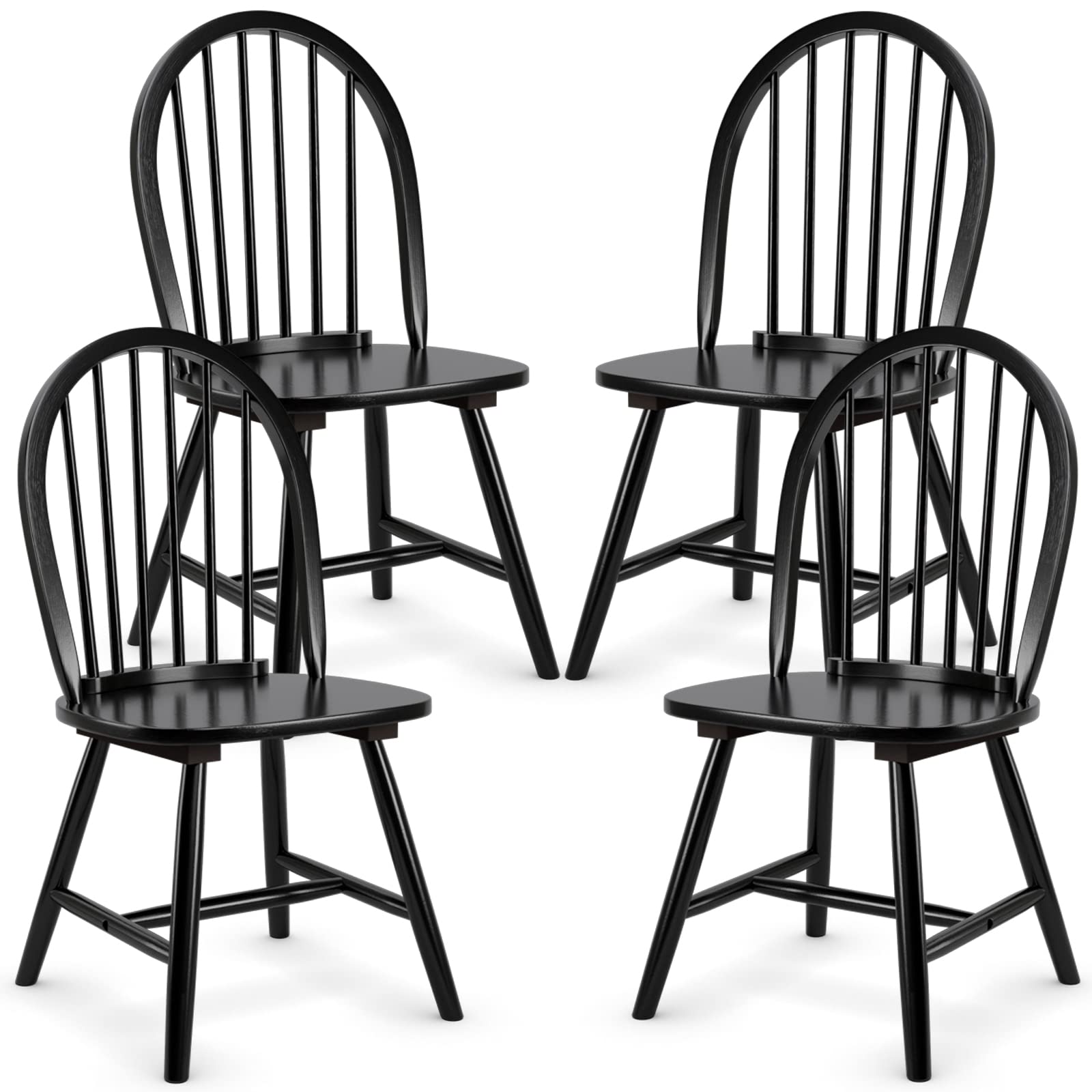 KOTEK Set of 4 Windsor Wood Dining Chairs - Solid Wood Spindle Back Chairs with Wide Seat, Farmhouse Style Armless Side Chairs for Dining Room, Kitchen, Living Room - Perfect for Family Gatherings & Home Decor (Black)