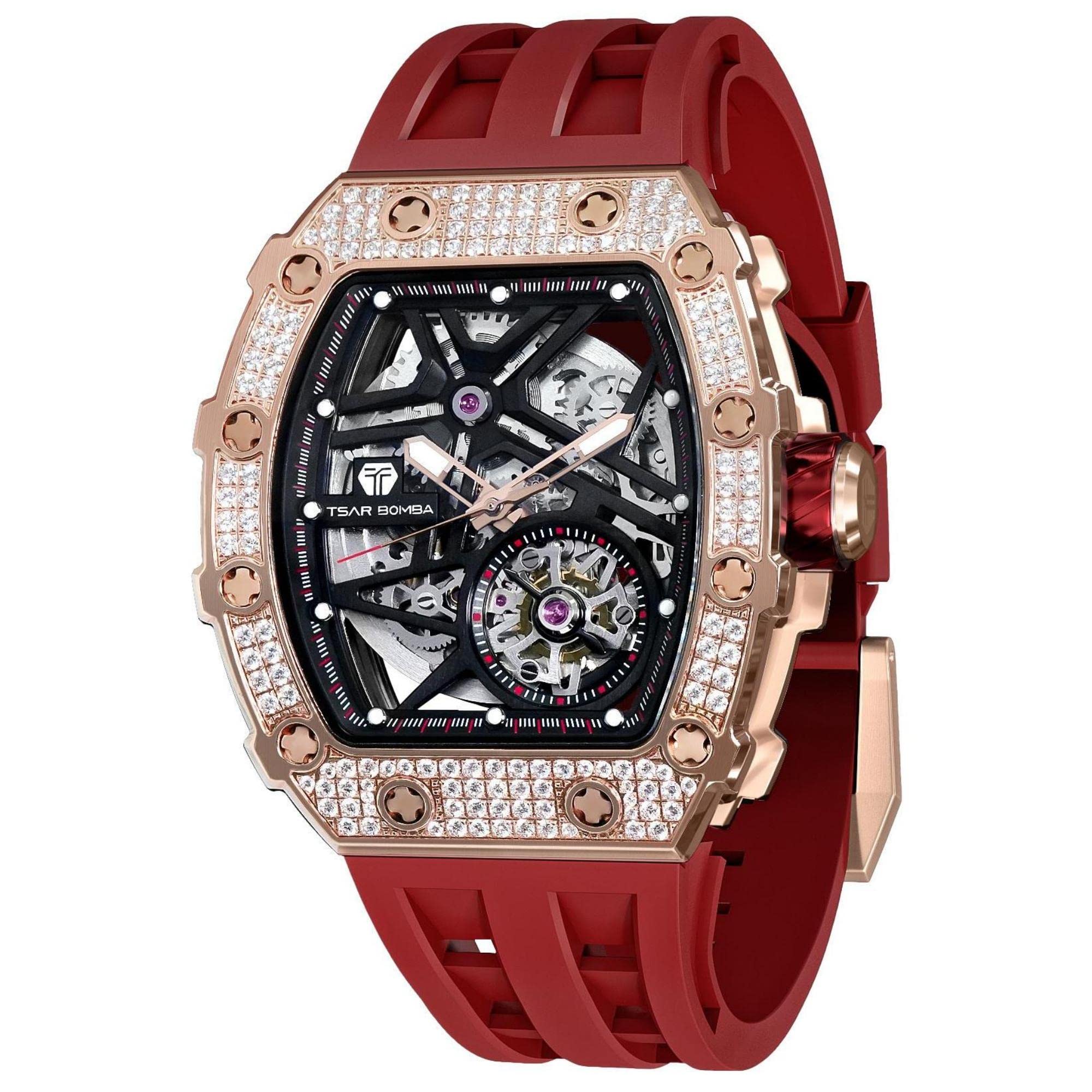 Premium Automatic Skeleton Watches for Men - 50M Waterproof Luxury Mechanical Tonneau Watch with Fluoroelastomer Band (Red) - Ideal for Business Casual, Formal Events & Daily Wear - Perfect Gift for Men