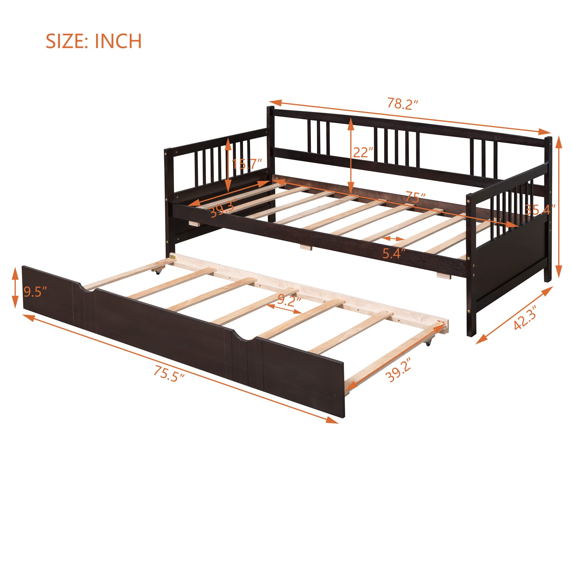 Harper & Bright Designs Twin Daybed with Trundle - Solid Wood Convertible Sofa Bed for Living Room, Guest Room & Kids Bedroom - No Box Spring Needed - White & Espresso - Perfect for Sleepovers, Space Saving & Multi-functional Furniture