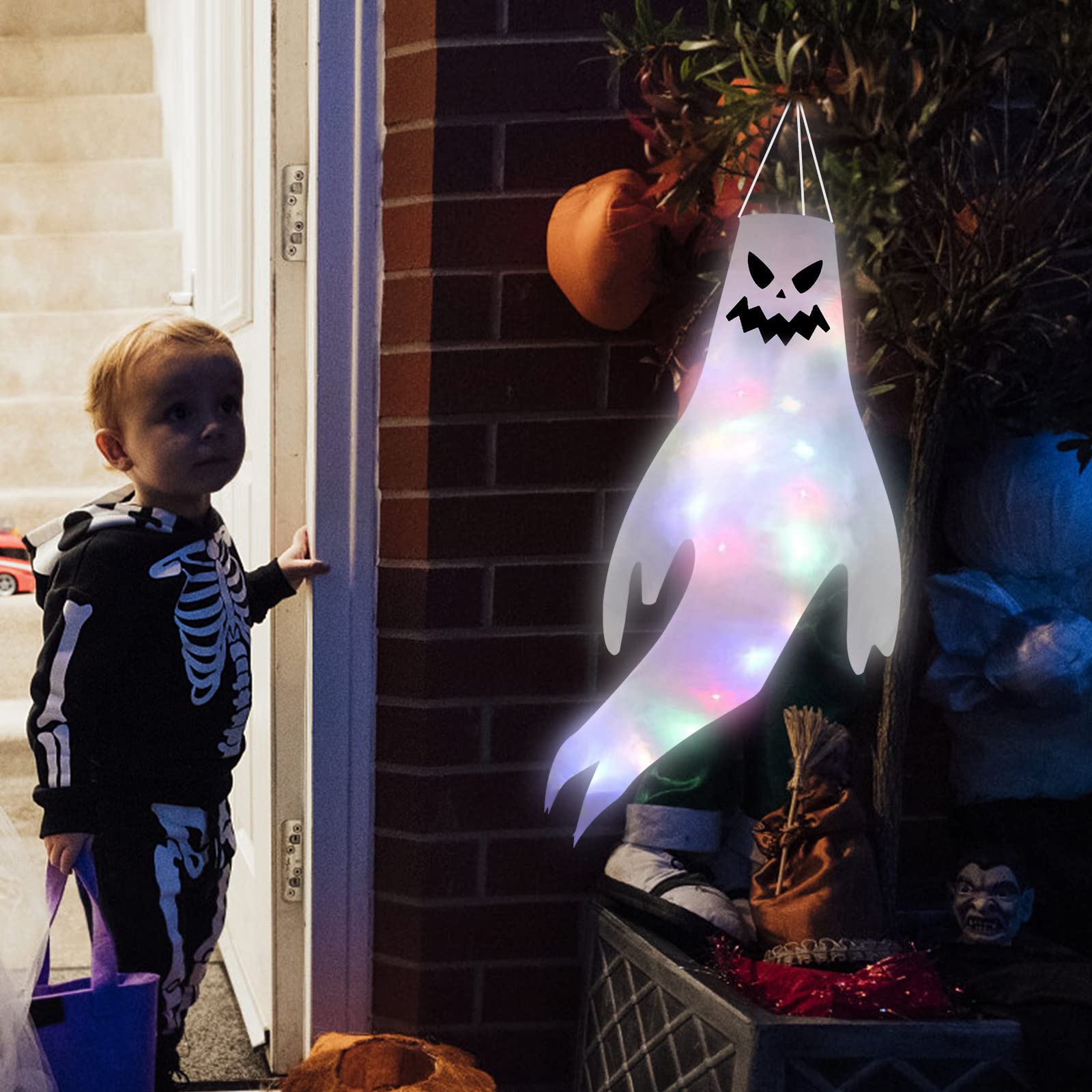 JINTAO Halloween Ghost Windsocks with LED Lights - 43 Inch Spooky Hanging Decorations for Outdoor Yard, Home, and Party Decor | Perfect for Halloween Parties, Haunted House Themes, and Seasonal Outdoor Displays