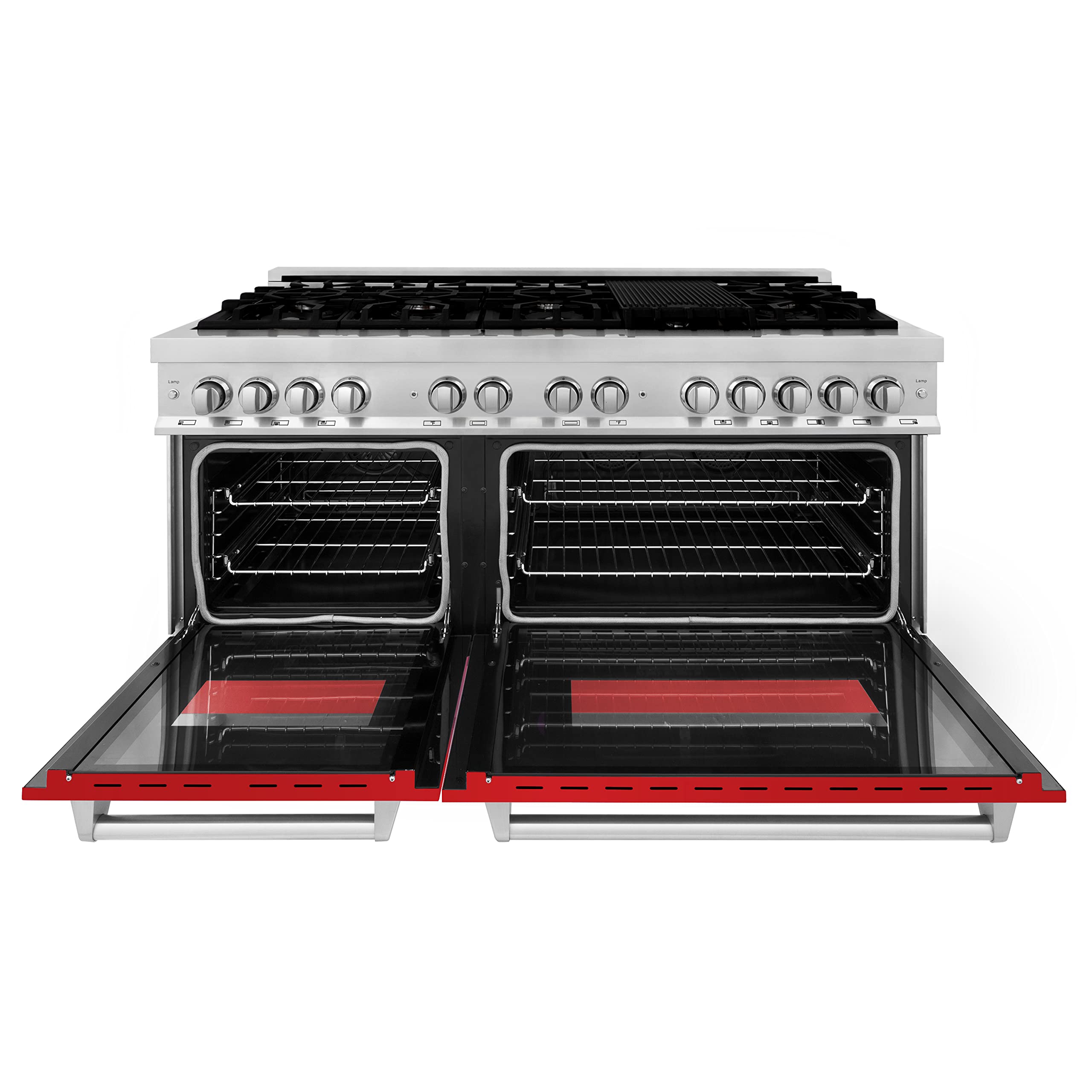 ZLINE 60-inch 7.4 cu. ft. Dual Fuel Range with 9-Burner Gas Cooktop & 2 Electric Convection Ovens - Stainless Steel with Red Matte Doors (RA-RM-60) for Professional Home Kitchens and Gourmet Cooking