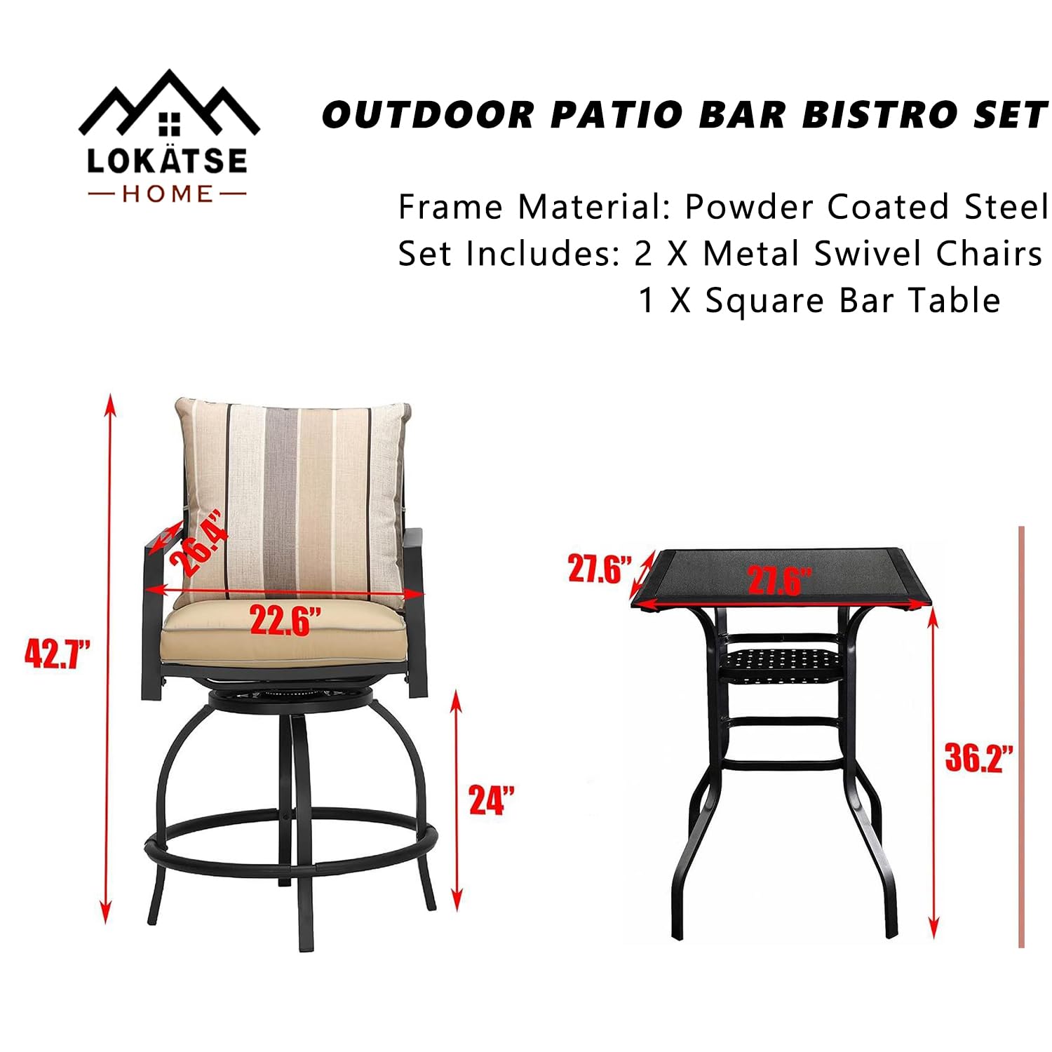 LOKATSE HOME 3-Piece Outdoor Swivel Bar Stool Set with Cushions & Coffee Table - Patio Bistro Furniture, Beige - Perfect for Backyard, Poolside & Garden Relaxation