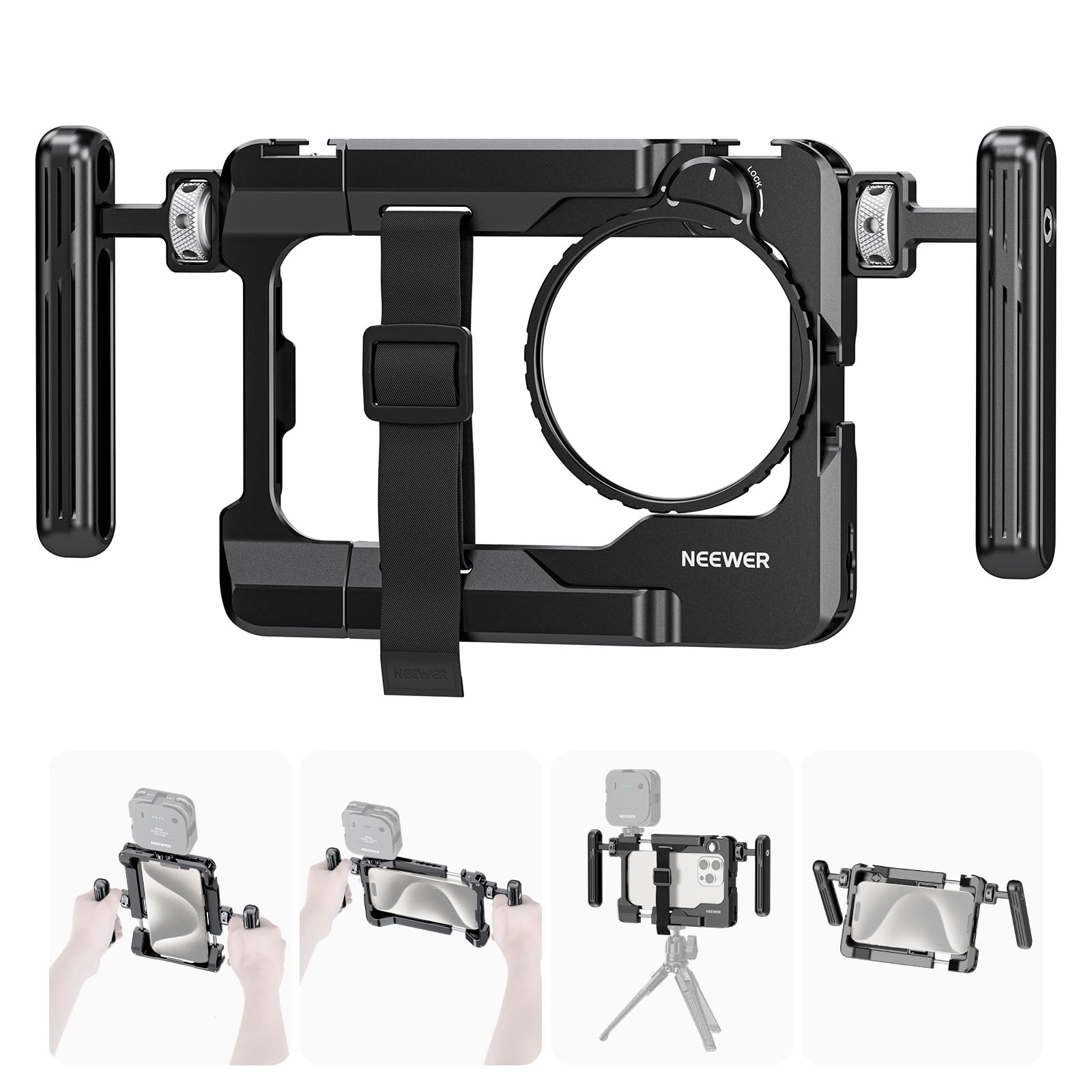 NEEWER Universal Smartphone Video Rig with Handles - 67mm Filter Adapter & Anti-Drop Cold Shoe for DJI Mic - Phone Cage Stabilizer for iPhone 16 Pro Max, Galaxy S24 Ultra & Pixel 9 Pro - Perfect for Vlogging, Live Streaming & Professional Video Recording (Model PA017)