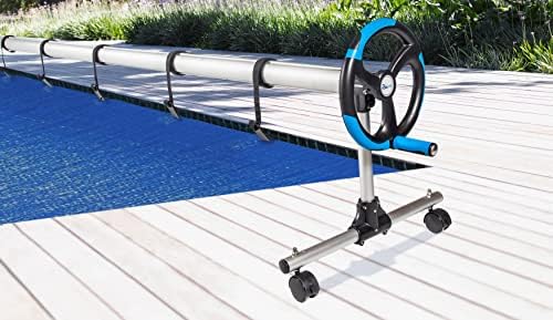 SunSolar In-Ground Pool Cover Reel Set - 3-Piece Aluminum Telescoping Pole with Spinning Reel - Heavy Duty Buckle and Straps for Secure Pool Cover Attachment - Wheeled Base for Easy Moving - 15 Feet - Perfect for Inground Pool Maintenance and Winter Cover Storage