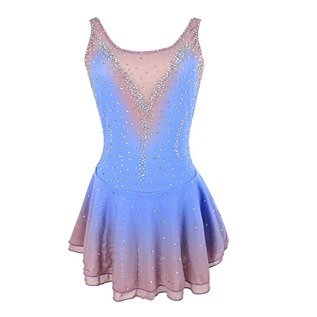 Elegant Gradient Rhinestone Ice Skating Skirt - Handmade Sleeveless Tulle Dancewear with Breathable Back Cutout for Figure Skating & Ballet Performances