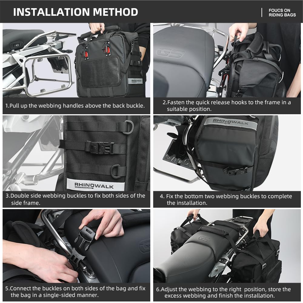 Rhinowalk 25L Waterproof Motorcycle Saddlebags - Quick Release Side Bags for Adventure & Sports Bikes (Black) - Perfect for Long Rides & Travel