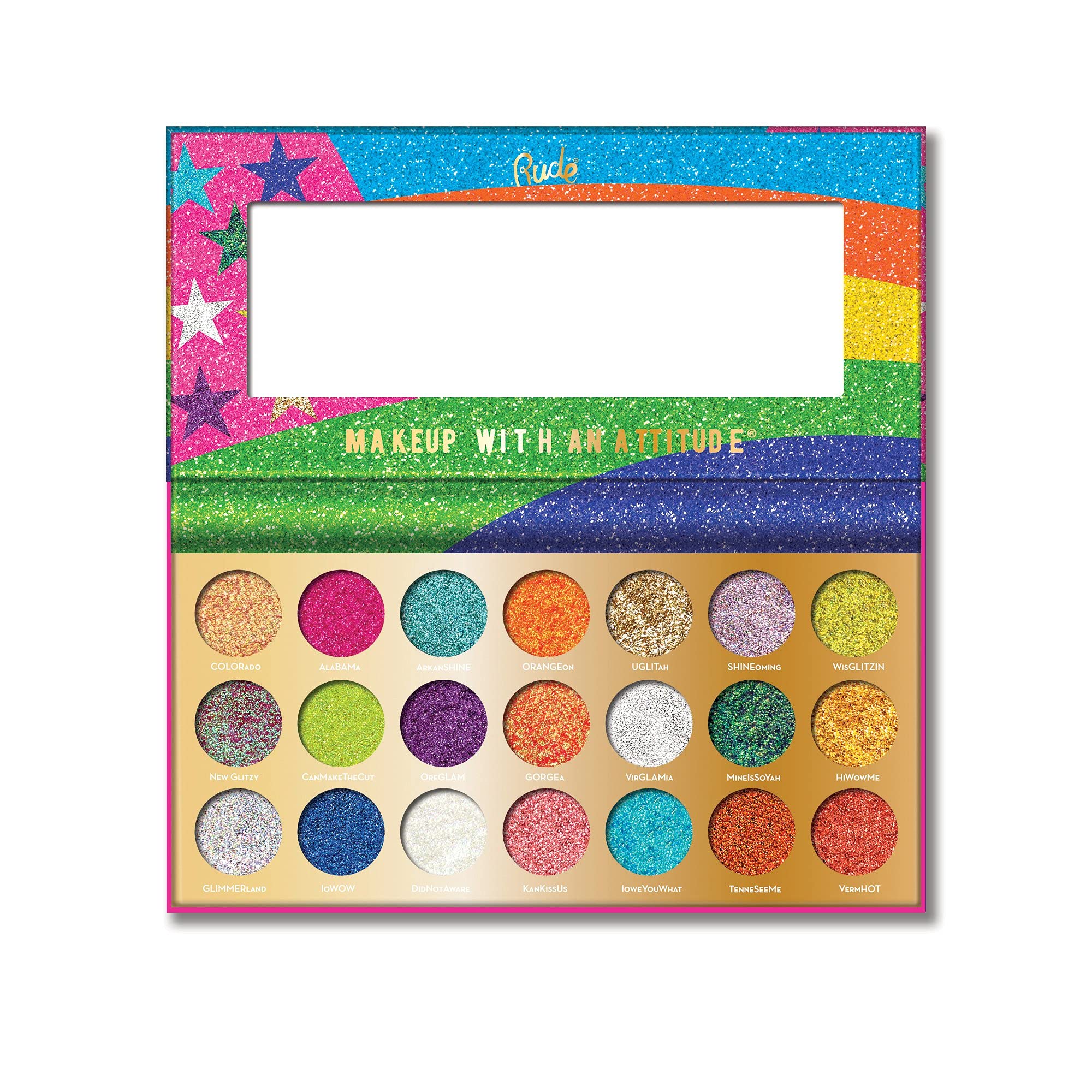 Rude Cosmetics United Shades of Glitter - 21 Color Pressed Glitter Eyeshadow Palette, 0.81 oz | Long-Lasting Pigmented Makeup for Women | Perfect for Party, Festival & Night Out Looks