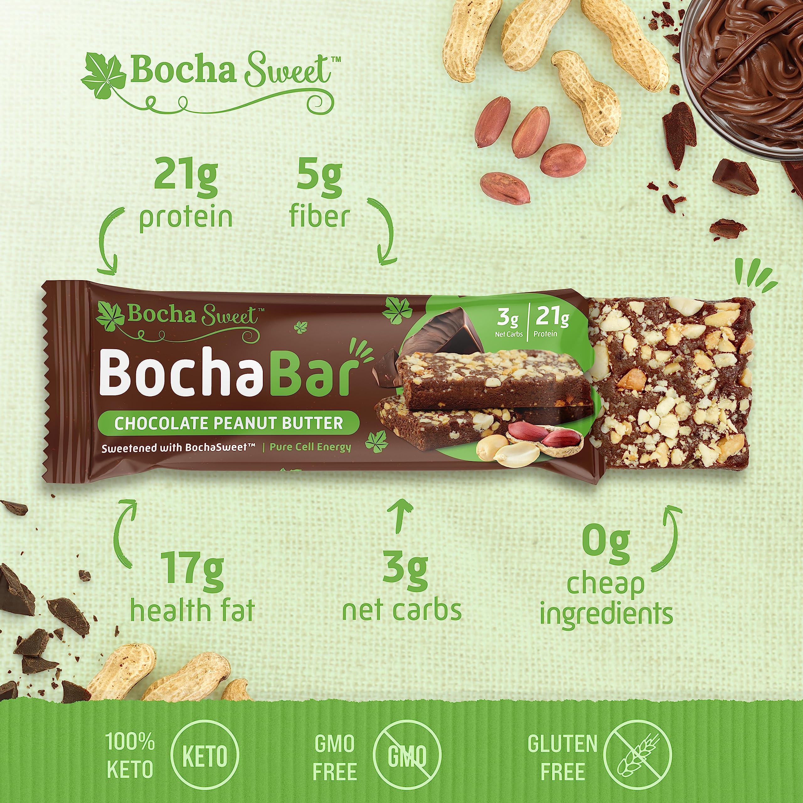 BochaSweet Keto Protein Bar - Chocolate Peanut Butter Flavor with 21g Grass-Fed Collagen | Low Carb, Keto-Friendly, Gluten Free Snack | 4 Count Pack | Perfect for On-the-Go Nutrition & Post-Workout Recovery