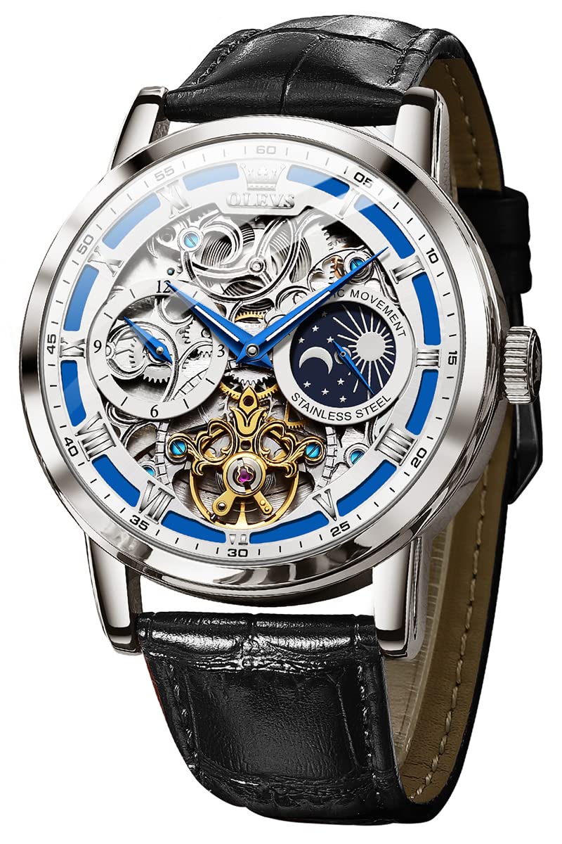 OLEVS Men's Automatic Skeleton Tourbillon Watch - Self-Winding Mechanical Movement, Genuine Leather Strap, Luxury Dress Wristwatch with Sun Moon Design, Luminous Hands, 50M Waterproof - Perfect for Business, Formal Events & Daily Wear