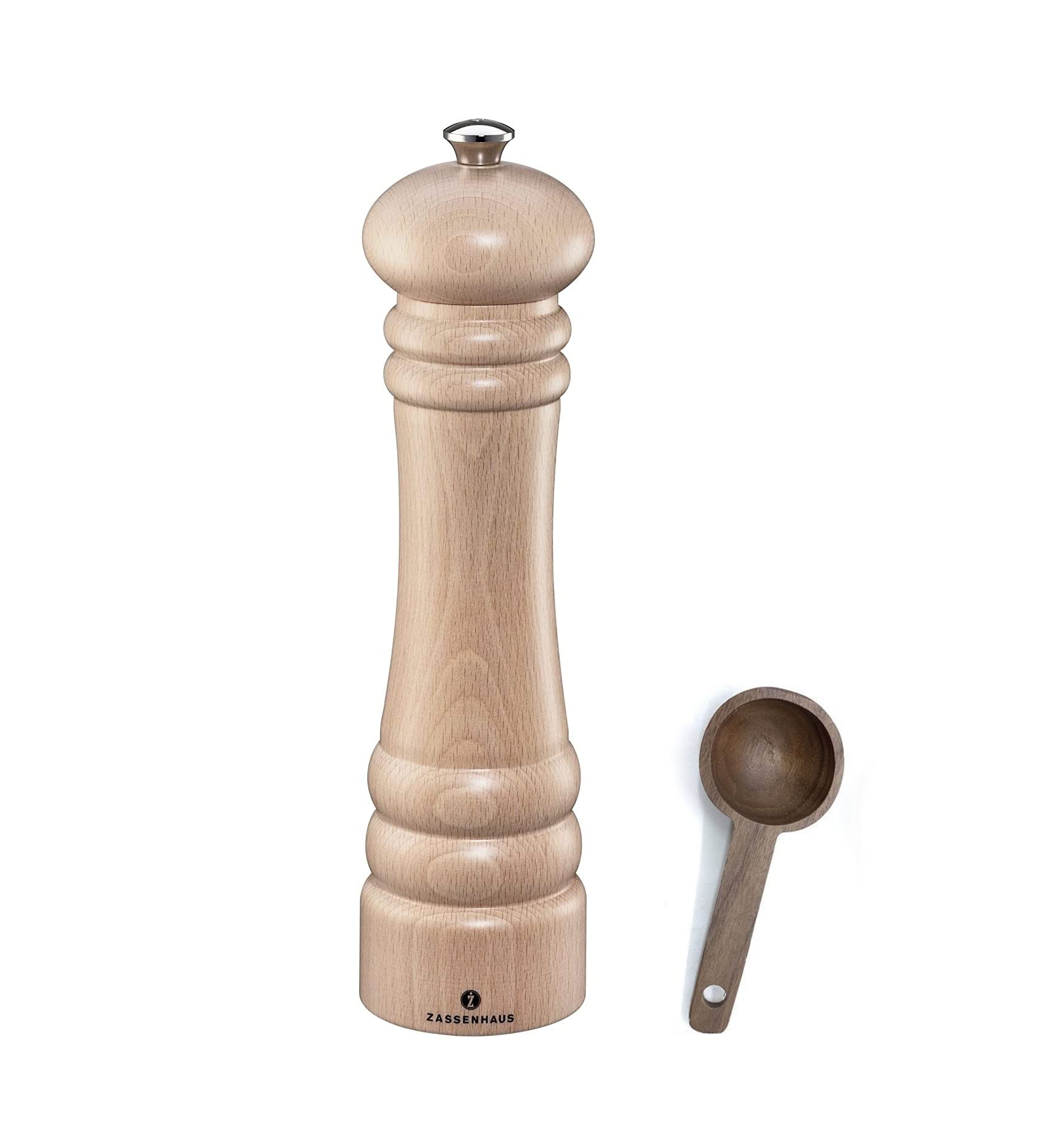 Premium Zassenhaus Berlin Natural Wood Salt Mill Gift Set - Refillable Pepper & Spice Grinder, 9.4 Inches with Wooden Scoop - Perfect for Kitchen, Dining Table & Gourmet Cooking Gifts