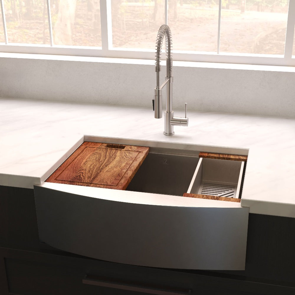 ZLINE Moritz 33-inch Farmhouse Apron Front Stainless Steel Kitchen Sink - Single Bowl Design with Bottom Grid & Accessories (SLSAP 33) - Perfect for Rustic & Modern Farmhouse Kitchens, Renovations & DIY Projects