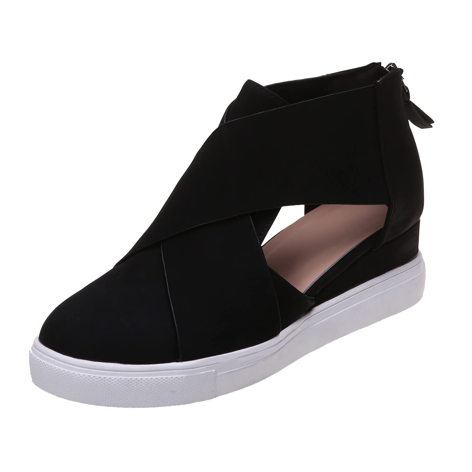 Women's Breathable Hollow Out Wedge Sandals - Non-Slip Round Toe Leather Casual Shoes with Zipper for Summer | Comfortable Flat Black Sandals for Walking, Beach & Everyday Wear