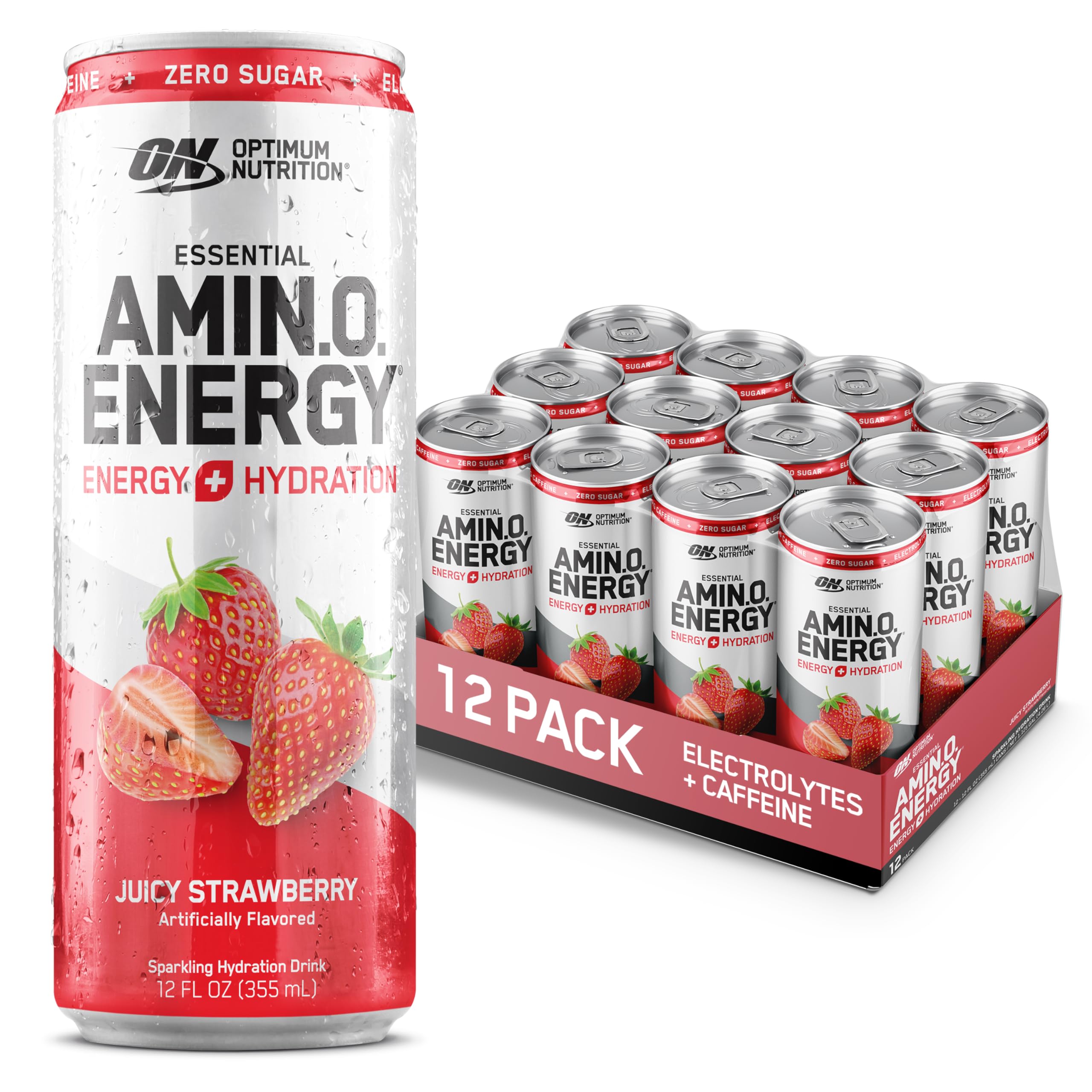 Optimum Nutrition Amino Energy Sparkling Hydration Drink with Electrolytes, Caffeine & BCAAs - Sugar Free Juicy Strawberry Flavor, 12 Fl Oz (12 Pack) - Perfect for Workouts, Recovery & On-the-Go Hydration