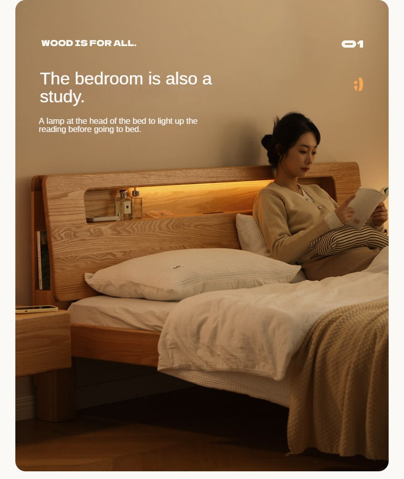 Solid Oak and Beech Wood Bed with Built-in LED Lights and Bookshelf - Modern Bedroom Furniture for Small Spaces, Lofts, and Studio Apartments