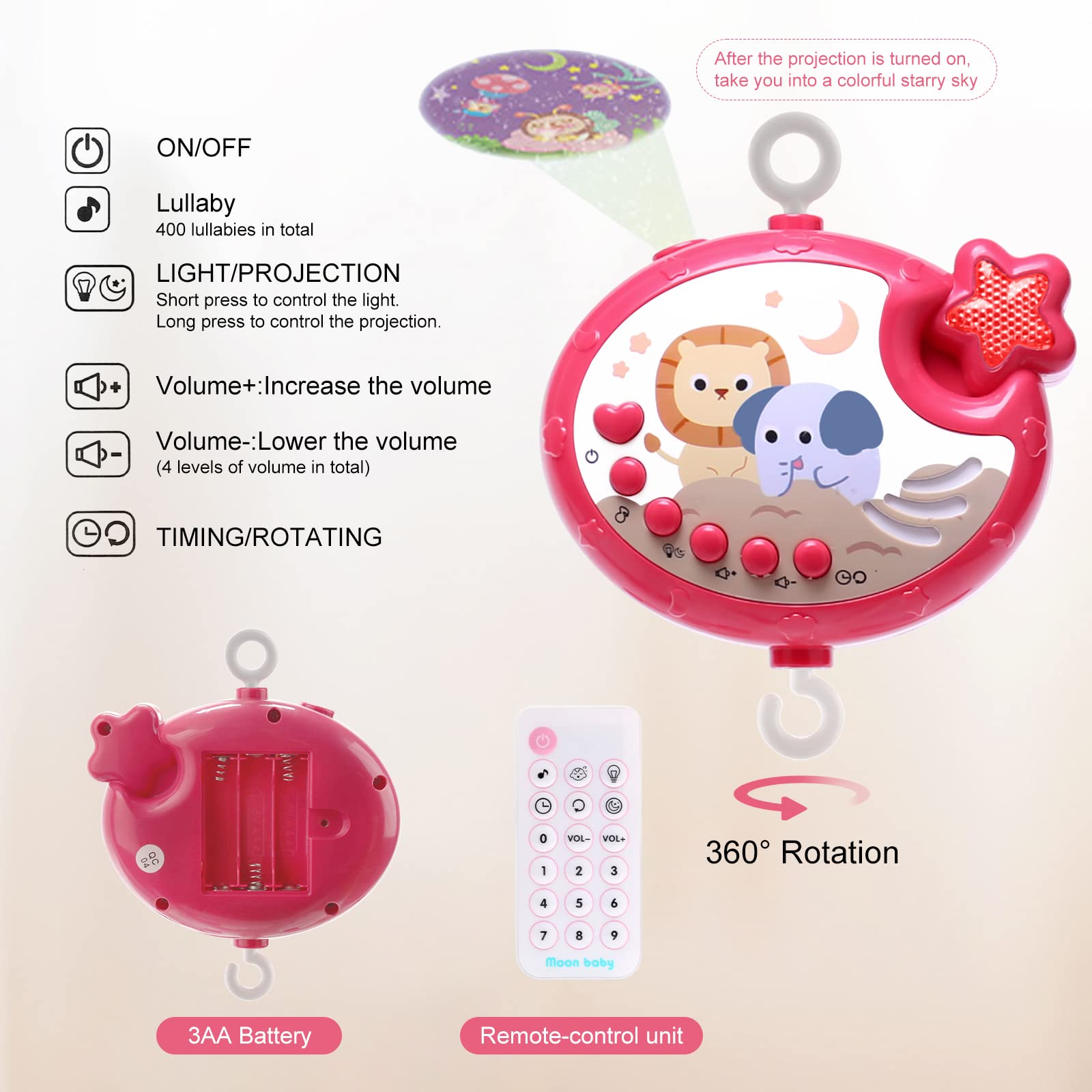 Baby Crib Mobile with Music, Lights & Hanging Toys - Portable Musical Carousel for Pack 'n Play, Bassinet - Gender Neutral Nursery Decor (Red) | Perfect for Soothing Newborns & Bedtime Routines