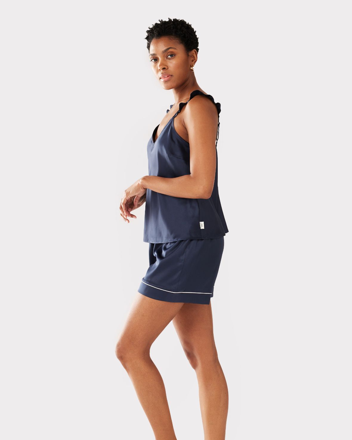 Satin Frill Trim Cami Short Pajama Set for Women - Navy Blue Loungewear for Sleepwear & Comfortable Nightwear