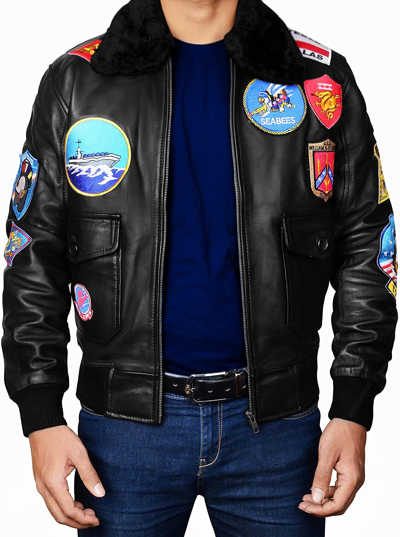 Men's Aviator Bomber Jacket - Genuine & Faux Leather Pilot Coat with Removable Fur Collar - Inspired by Top Gun & Tom Cruise Style - Perfect for Casual Wear, Motorcycle Riding & Winter Fashion