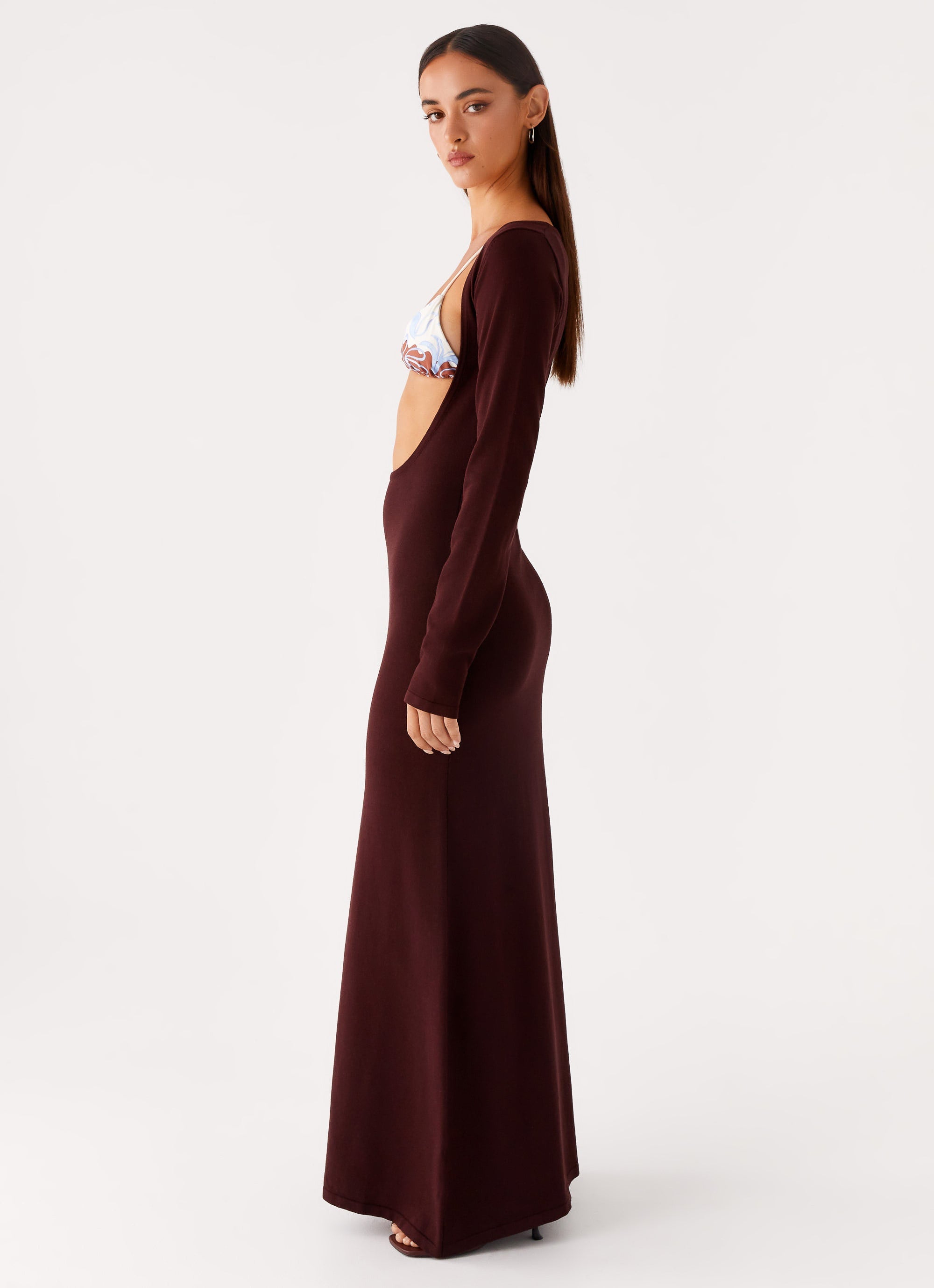 Adora Women's Long Sleeve Knit Maxi Dress in Chocolate Brown - Elegant Fall Winter Formal Dress for Parties, Weddings & Special Occasions
