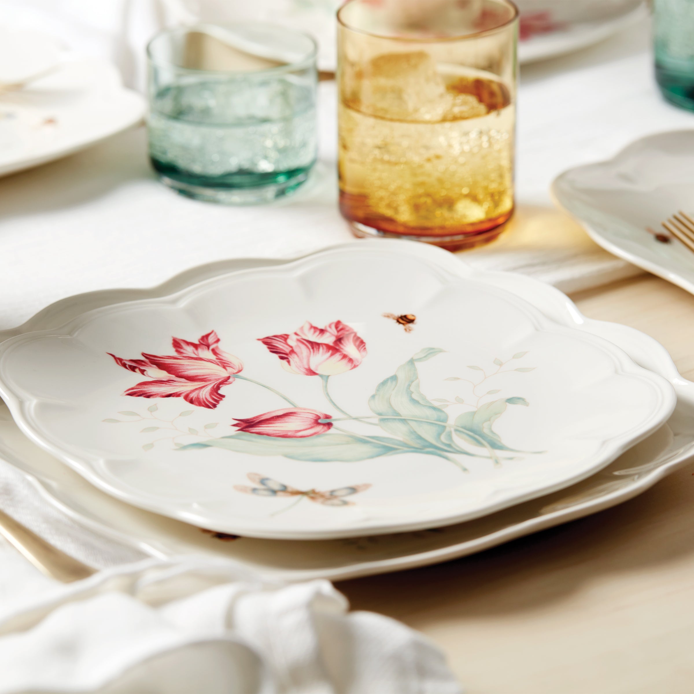 Butterfly Meadow Square Accent Plates - Set of 4 Decorative Dinner Plates for Spring Garden Party, Wedding, or Home Decor