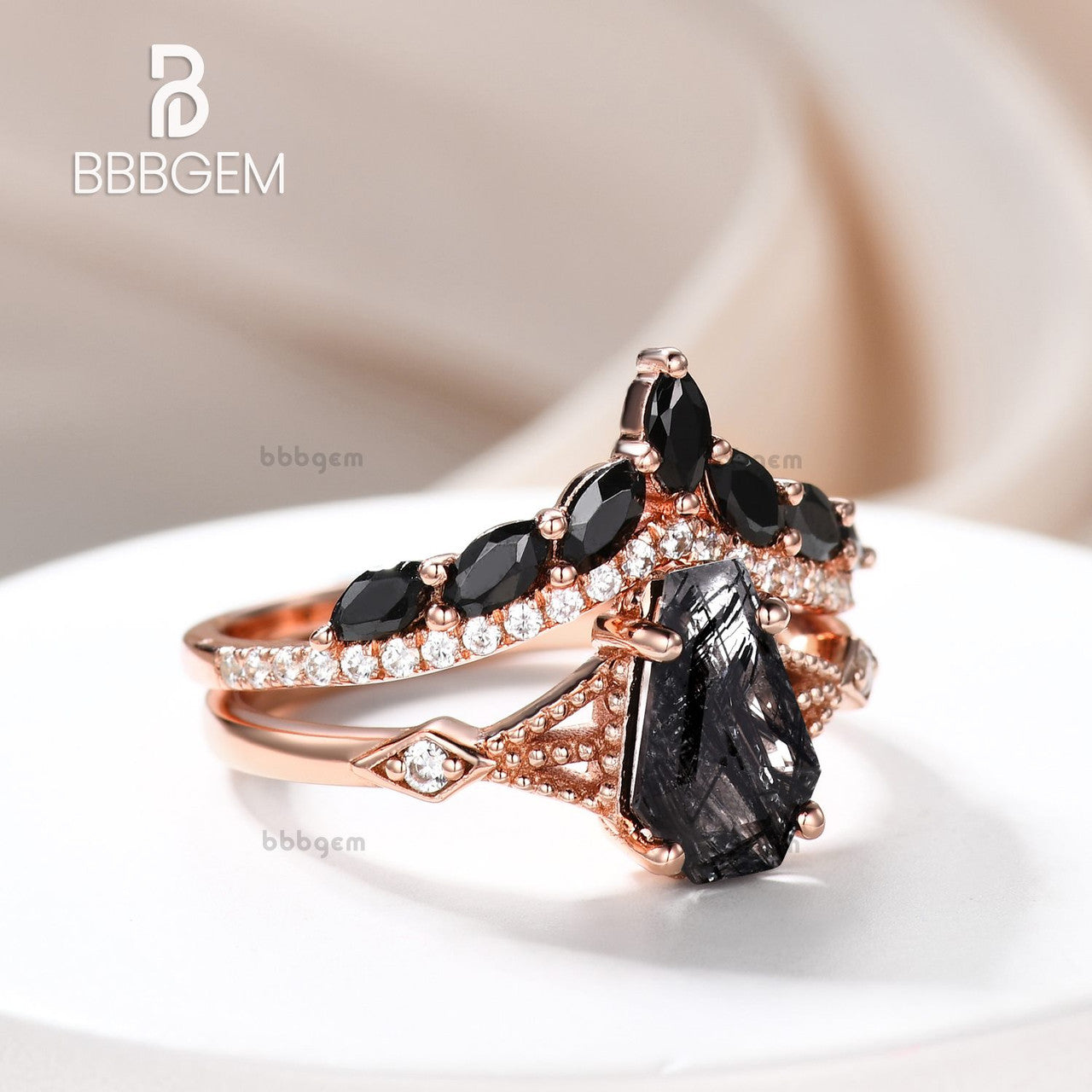 Three Stone Coffin Shaped Promise Ring Set - Black Rutilated Quartz & Black Spinel Band in Rose Gold - Perfect for Engagement, Anniversary & Gothic Jewelry Lovers