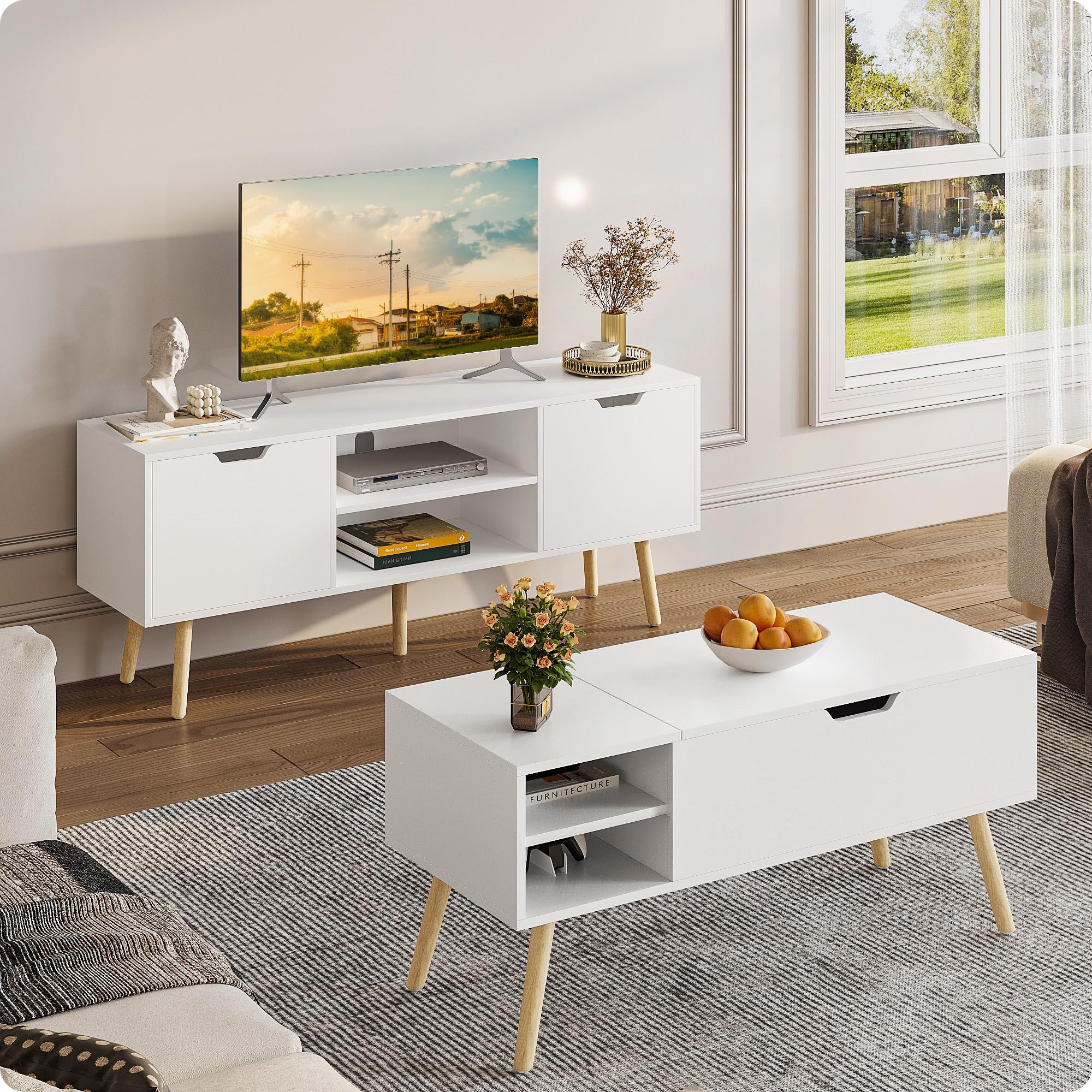 White TV Stand for 50-60 Inch TVs - Wooden Media Console Cabinet with Storage - Modern Entertainment Center for Living Room, Bedroom & Home Theater Setup