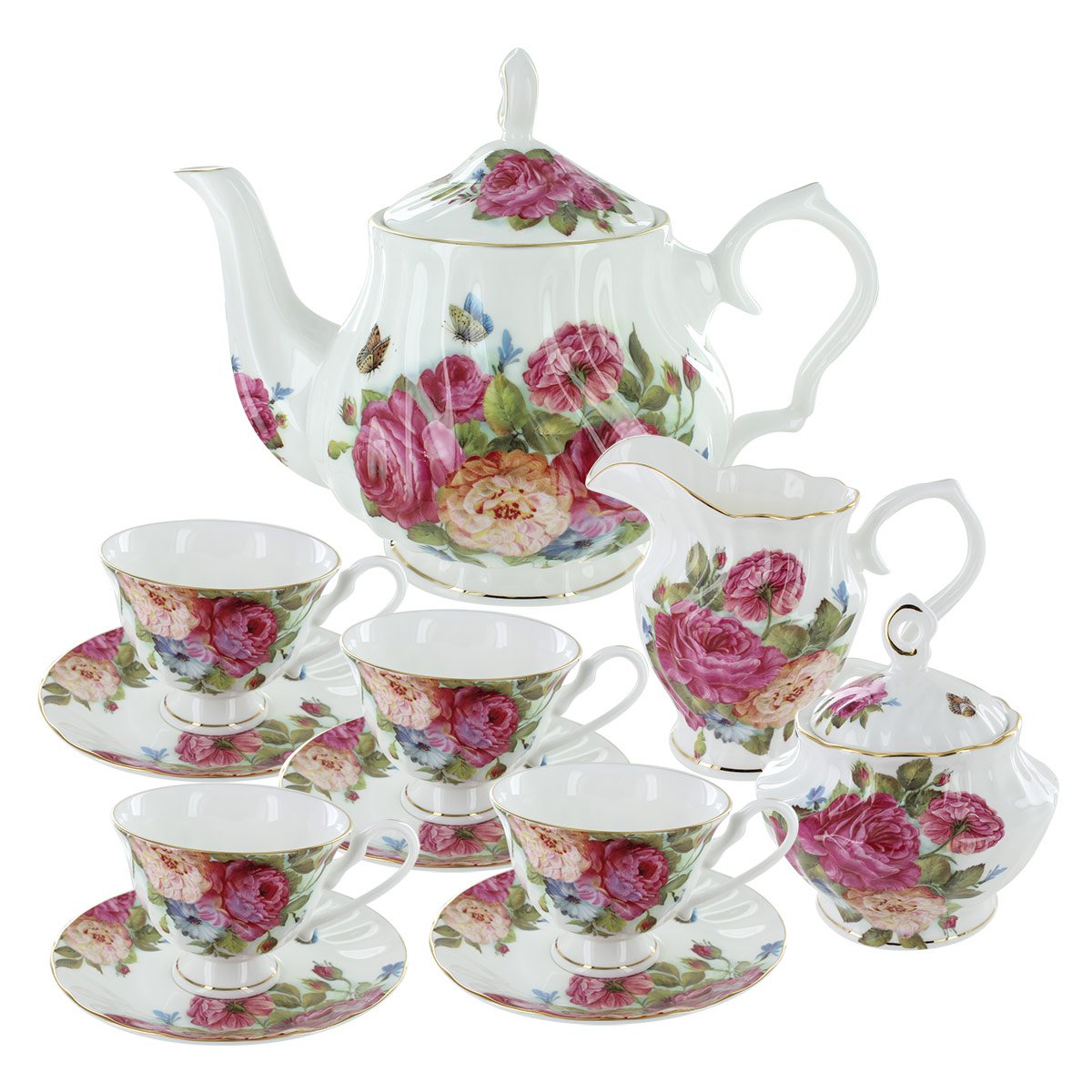 Sandra's Rose Bone China Tea Set - Elegant Floral Porcelain Tea Cup & Saucer Set for Afternoon Tea, Bridal Shower, and Special Occasions
