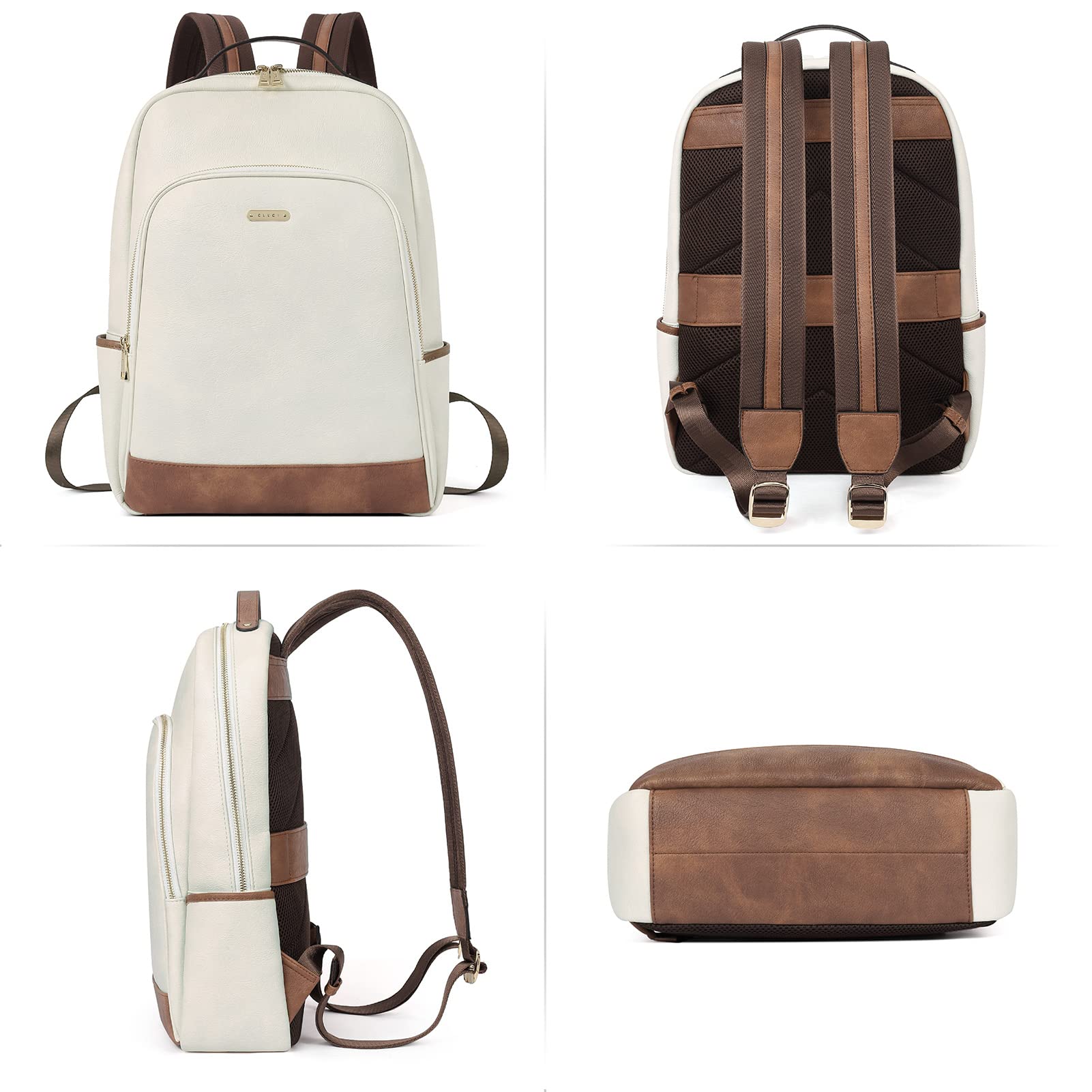 CLUCI Women's Leather Backpack - 15.6 Inch Laptop Backpack Purse for Travel, Work & School - Stylish Casual Daypack with Airplane-Friendly Design in Beige & Brown | Perfect for Commuting, Business Trips & College