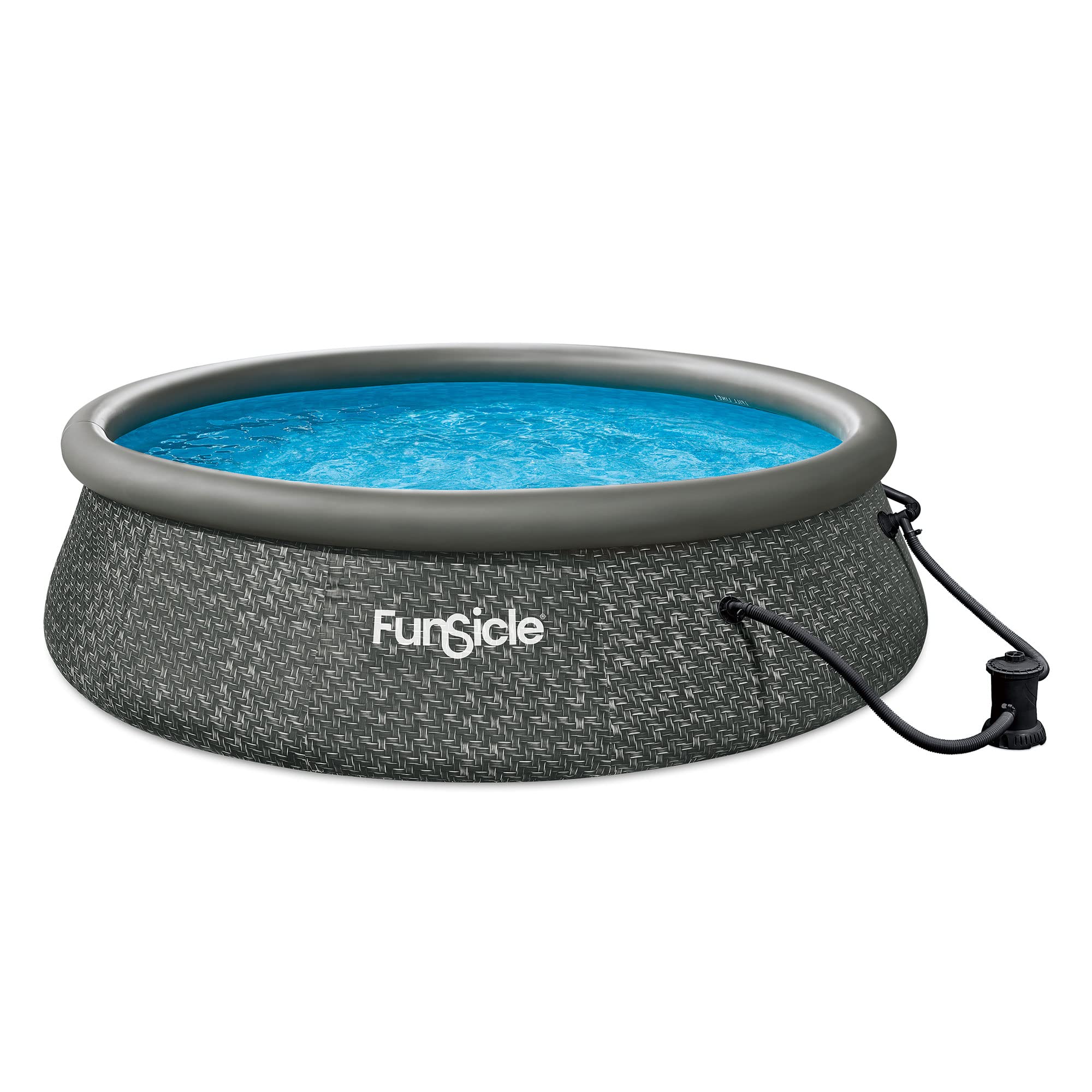 Funsicle 12ft x 36in Quick-Set Round Inflatable Above Ground Swimming Pool Set with Pump & Cartridge Filter - Dark Herringbone Design for Backyard, Garden & Outdoor Family Fun