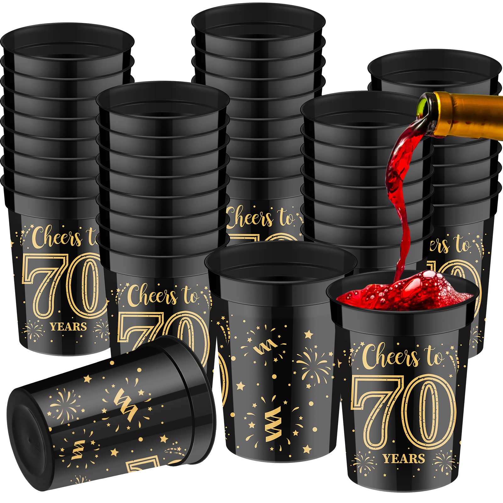 40 Pack 70th Birthday Party Cups - Gold & Black Plastic Stadium Cups (8 oz) for 70 Years Celebration, Wedding Anniversary, Decorations & Party Favors - Ideal for Men & Women's Milestone Birthday Parties, Family Gatherings & Special Events